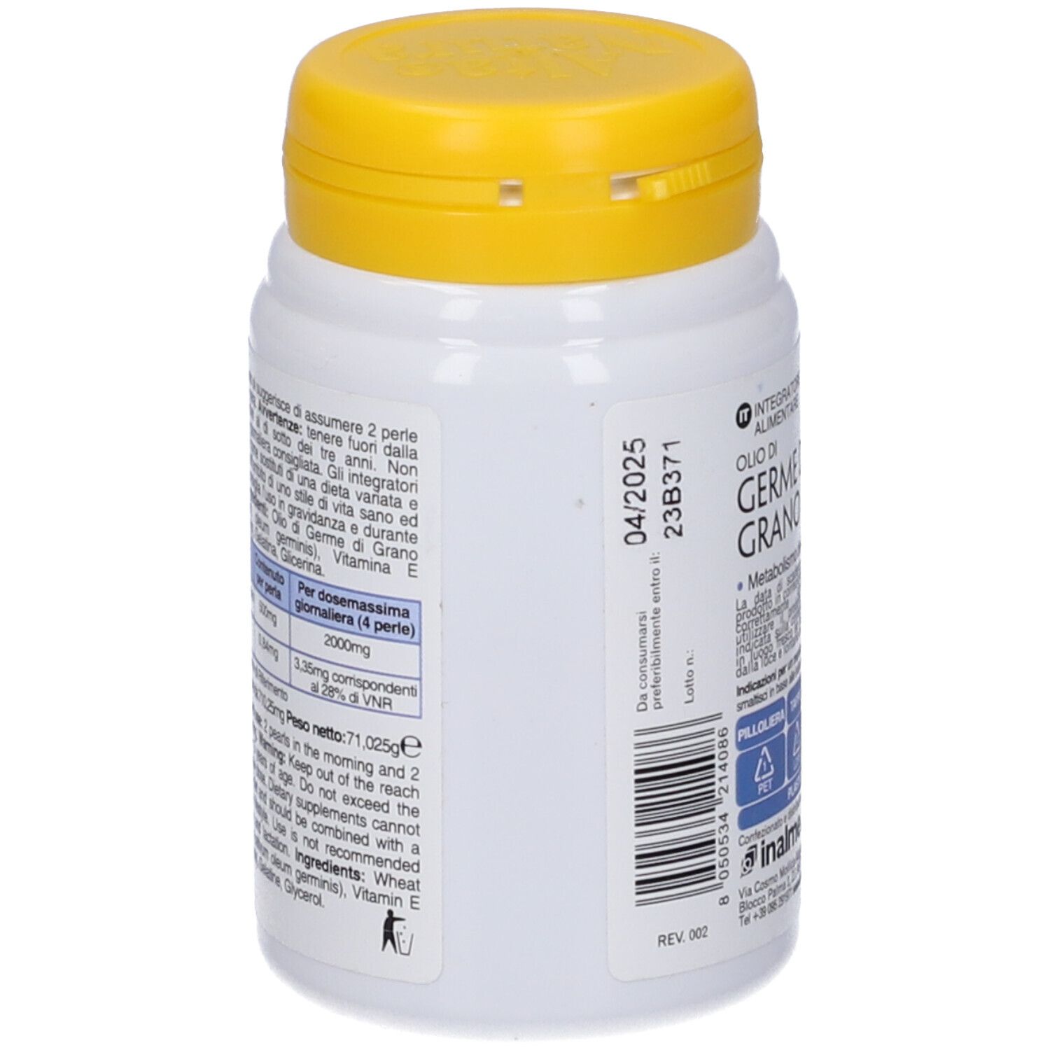 Flacone bianco con tappo giallo. Scritta: Olio di Germe di Grano. Testo e loghi sul retro.