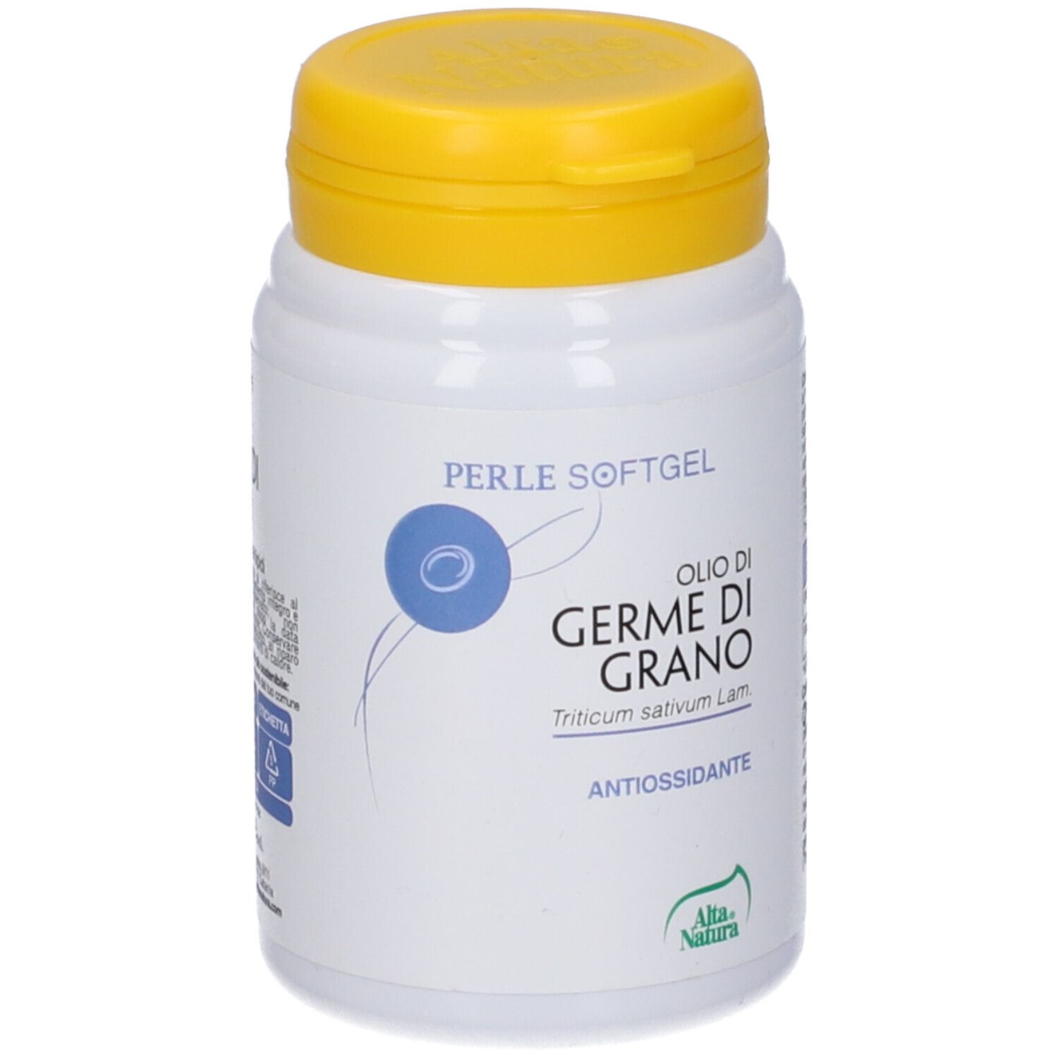 Flacone bianco con tappo giallo. Scritta: Olio di Germe di Grano, antiossidante. Marchio: Alta Natura.