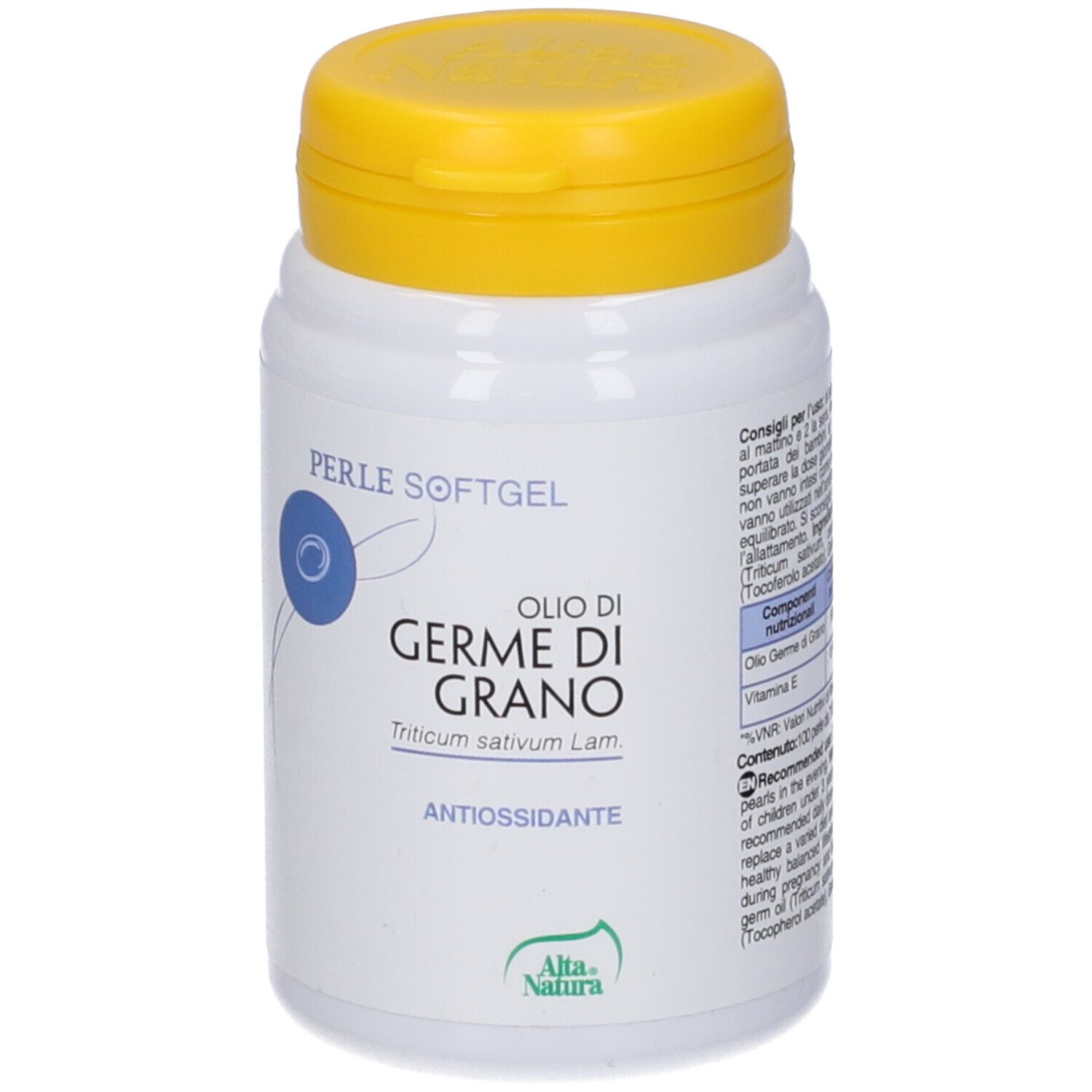 Flacone bianco con tappo giallo. Scritta: Olio di Germe di Grano, antiossidante. Marchio: Alta Natura.