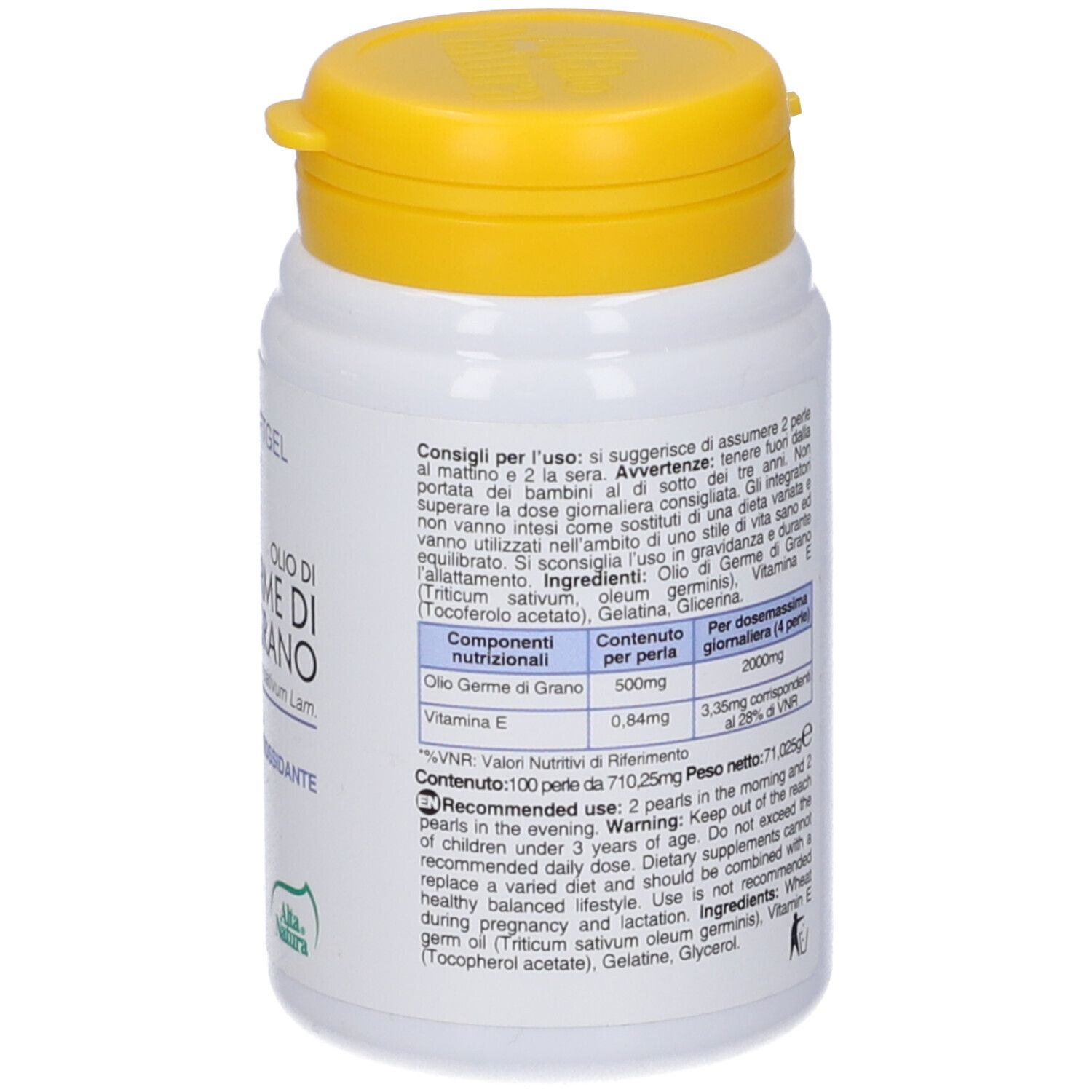 Flacone bianco con tappo giallo. Scritta: Olio di Germe di Grano, antiossidante. Testo e loghi sul retro.