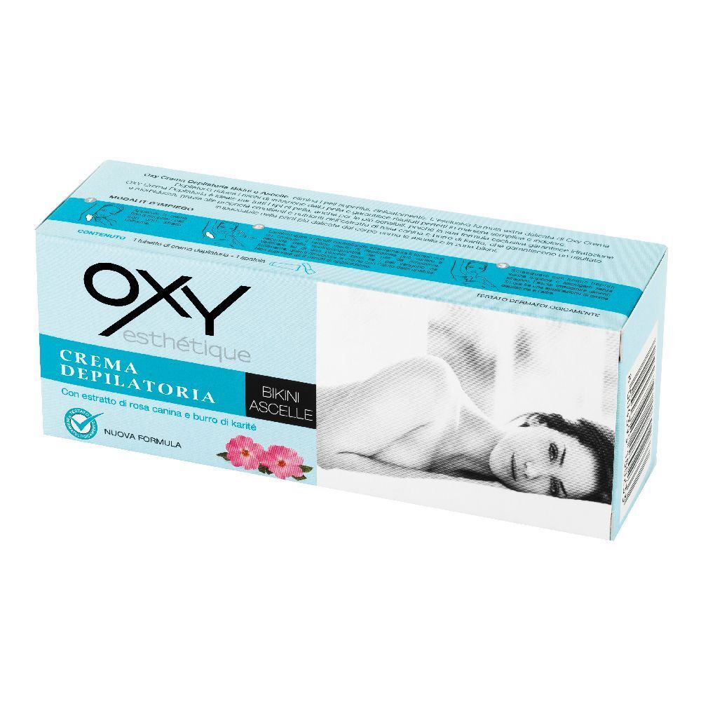 Confezione Oxy esthetique Crema Depilatoria. Blu chiaro, nome prodotto, immagine e testo. Fiori rosa.
