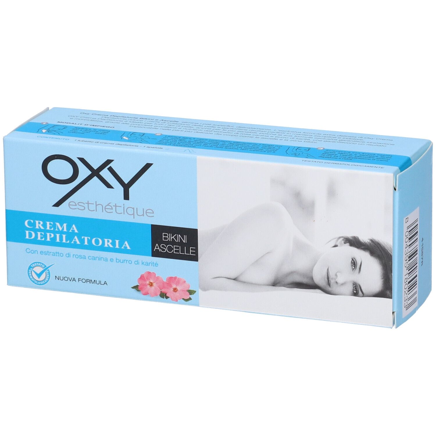 Confezione Oxy esthetique Crema Depilatoria. Blu chiaro, nome prodotto, immagine e testo. Fiori rosa.