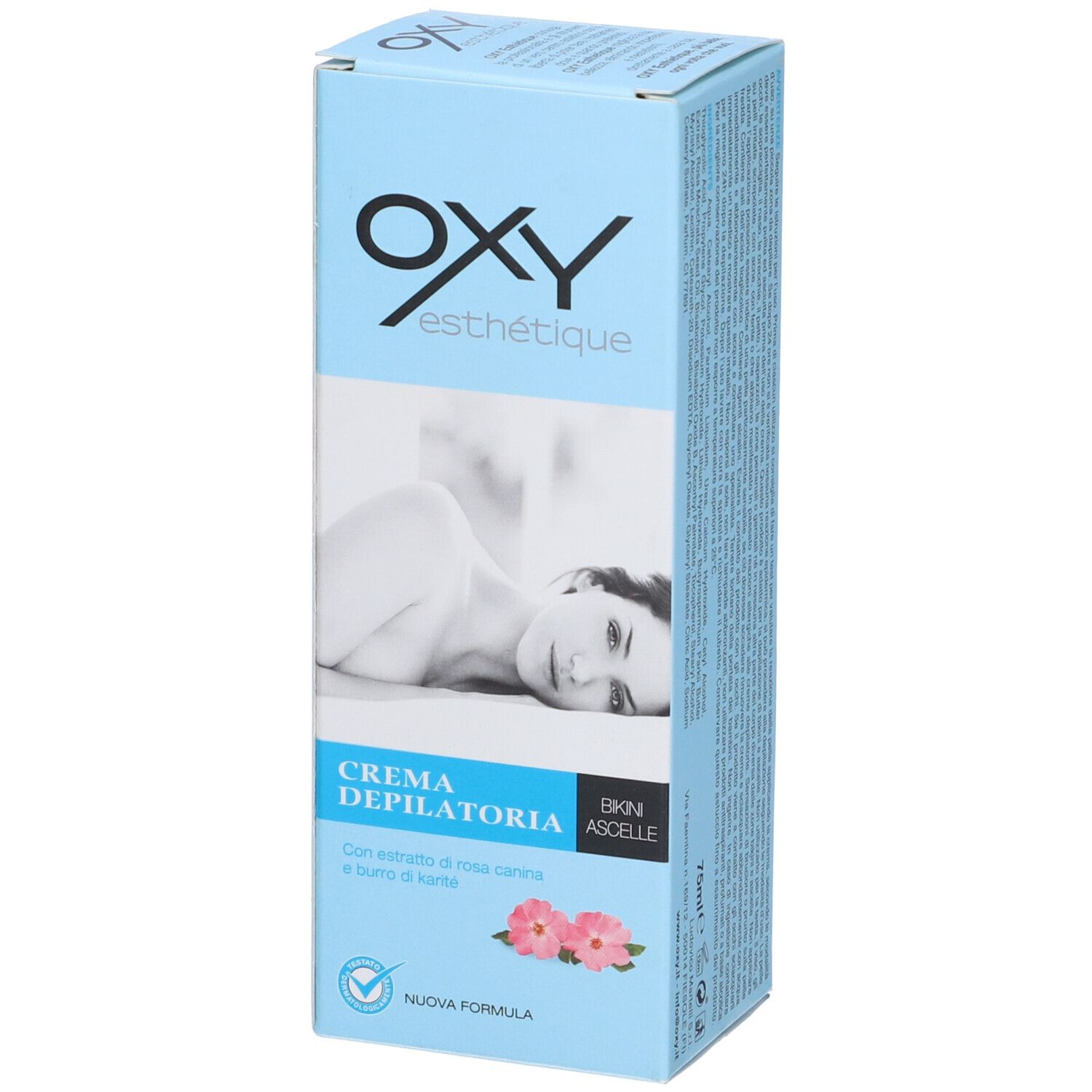 Confezione Oxy esthetique Crema Depilatoria. Blu chiaro, nome prodotto, immagine e testo. Fiori rosa.