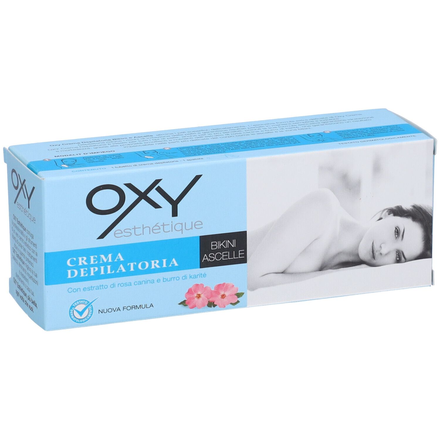 Confezione Oxy esthetique Crema Depilatoria. Blu chiaro, nome prodotto, immagine e testo. Fiori rosa.