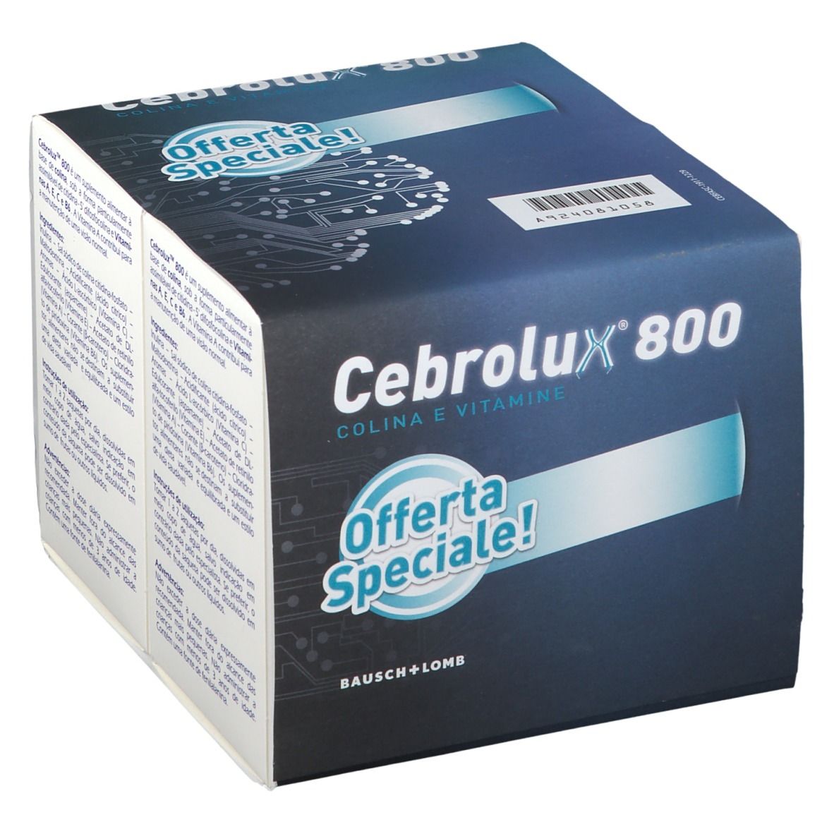 Boîte bleue Cerebrolux® 800 Duo Pack avec texte blanc et "Offerta Speciale!". Marque Bausch + Lomb.