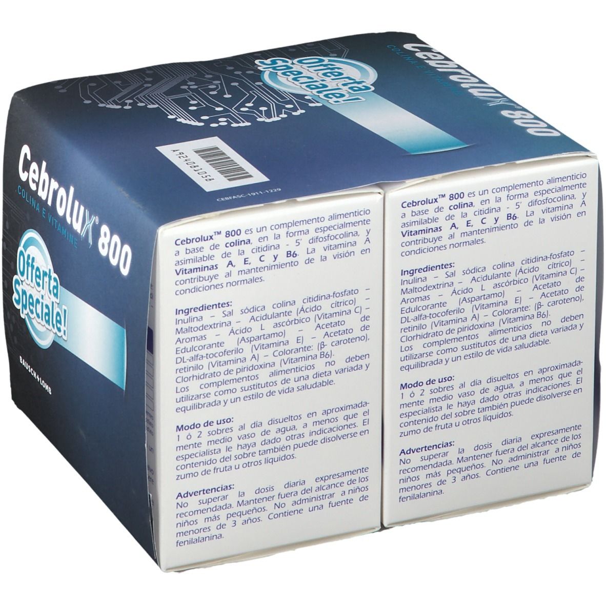 Dos de la boîte Cerebrolux® 800 Duo Pack. Texte en italien, ingrédients et instructions d'utilisation.