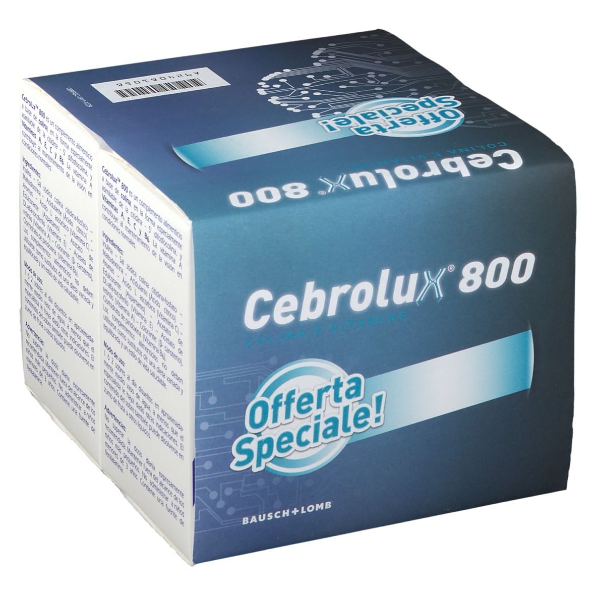 Boîte Cerebrolux® 800 Duo Pack. Bleu, texte blanc et "Offerta Speciale!". Marque Bausch + Lomb.