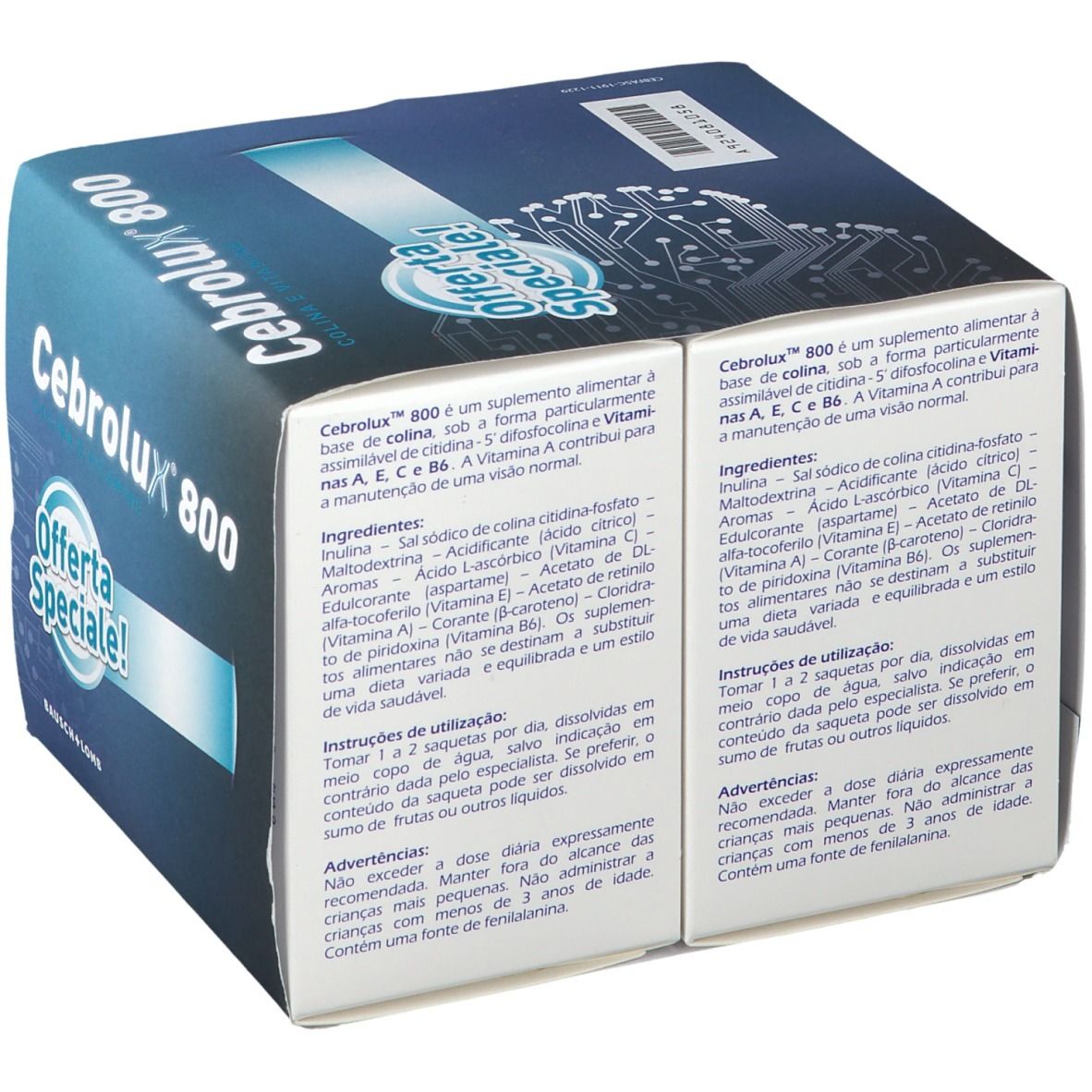 Dos de la boîte Cerebrolux® 800 Duo Pack. Texte en italien, ingrédients et instructions d'utilisation.