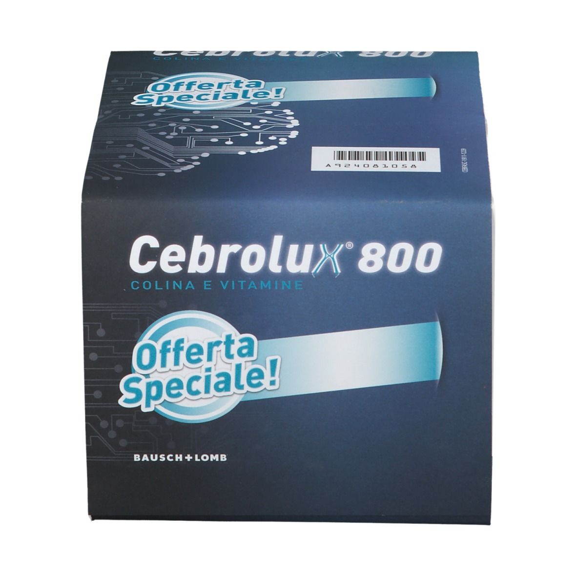 Boîte Cerebrolux® 800 Duo Pack. Bleu, texte blanc et "Offerta Speciale!". Marque Bausch + Lomb.