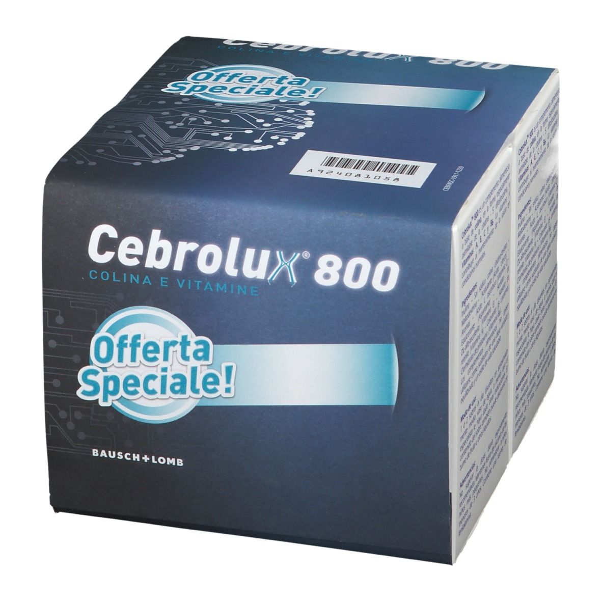 Boîte Cerebrolux® 800 Duo Pack. Bleu, texte blanc. Marque Bausch + Lomb.
