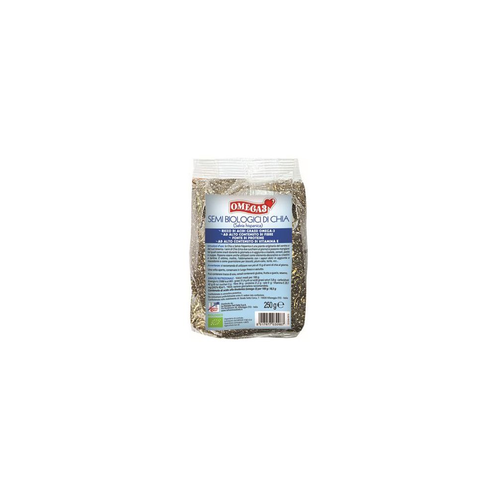 Busta trasparente con semi. Scritta: "Omega 3 Semi Biologico Di Chia". Marchio bio. 250g.