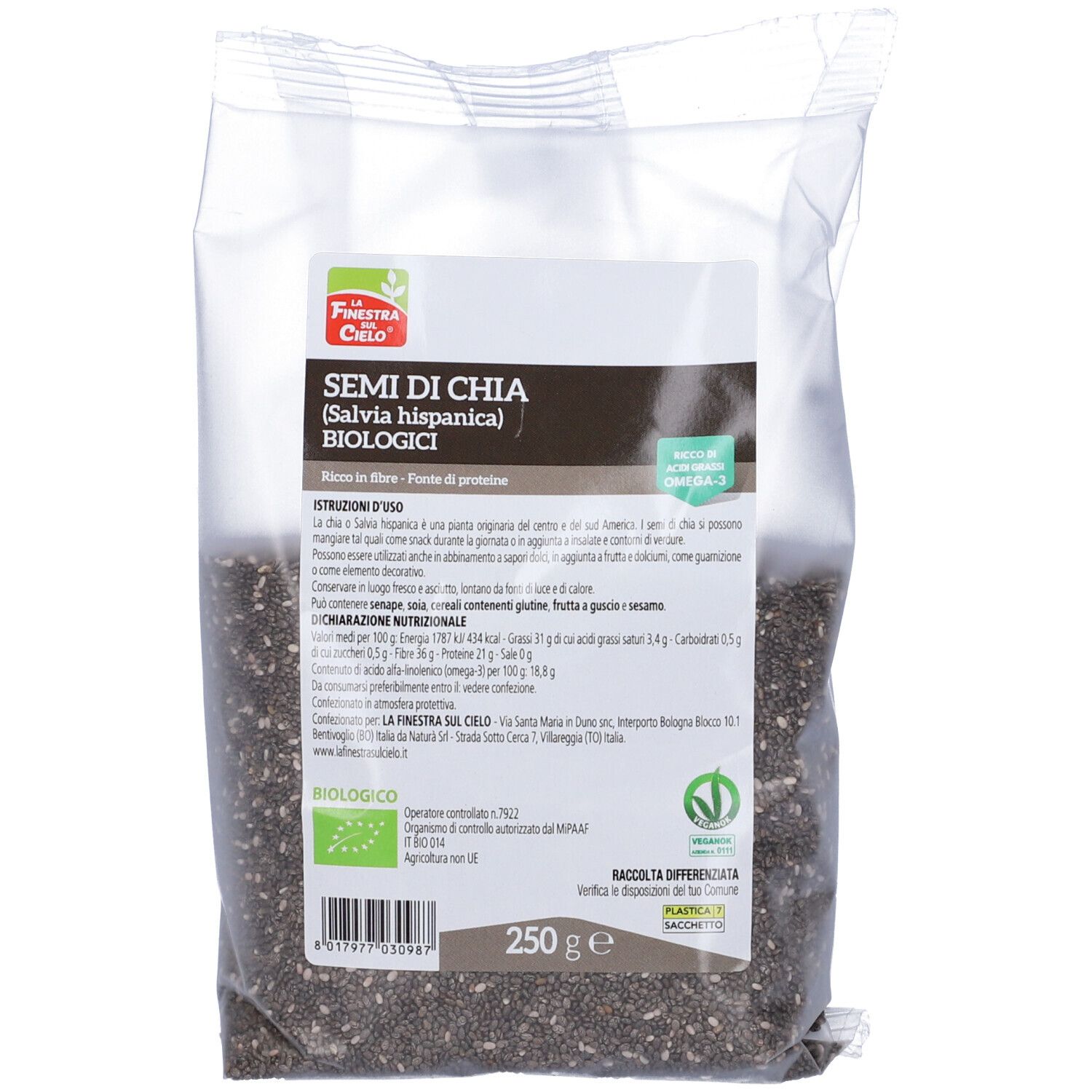 Busta trasparente con semi. Scritta: "Semi Di Chia (Salvia hispanica) Biologici". Marchio bio. 250g.