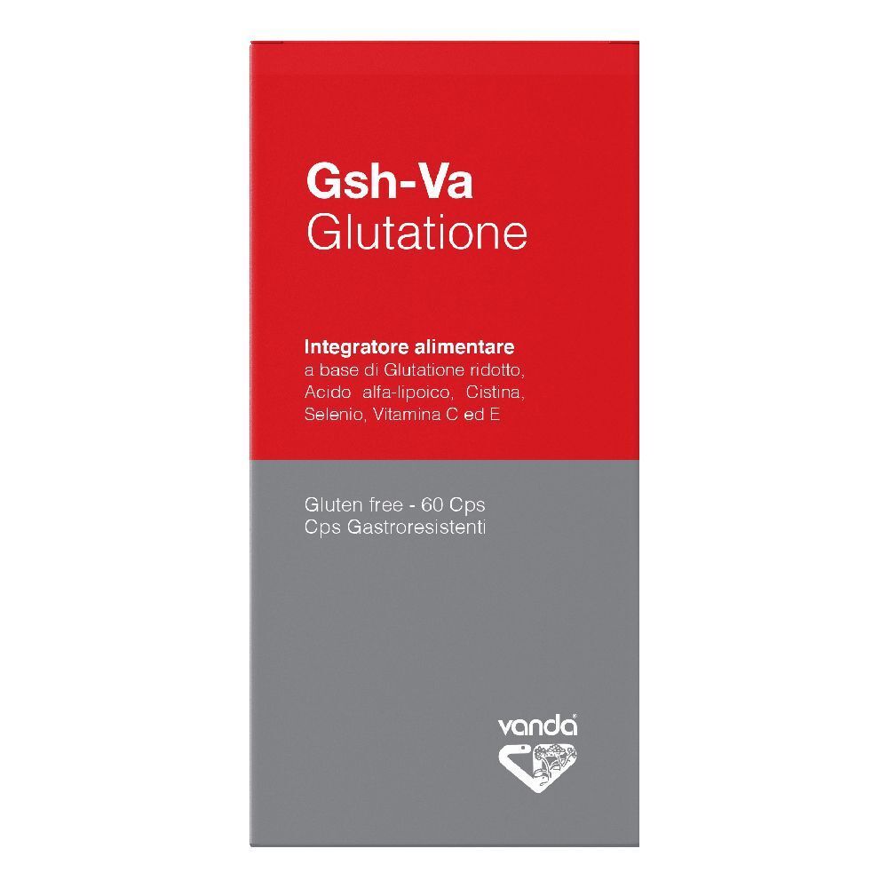 Boîte rouge et grise avec Gsh-Va Glutathione. Contient 60 gélules. Marque : Vanda.