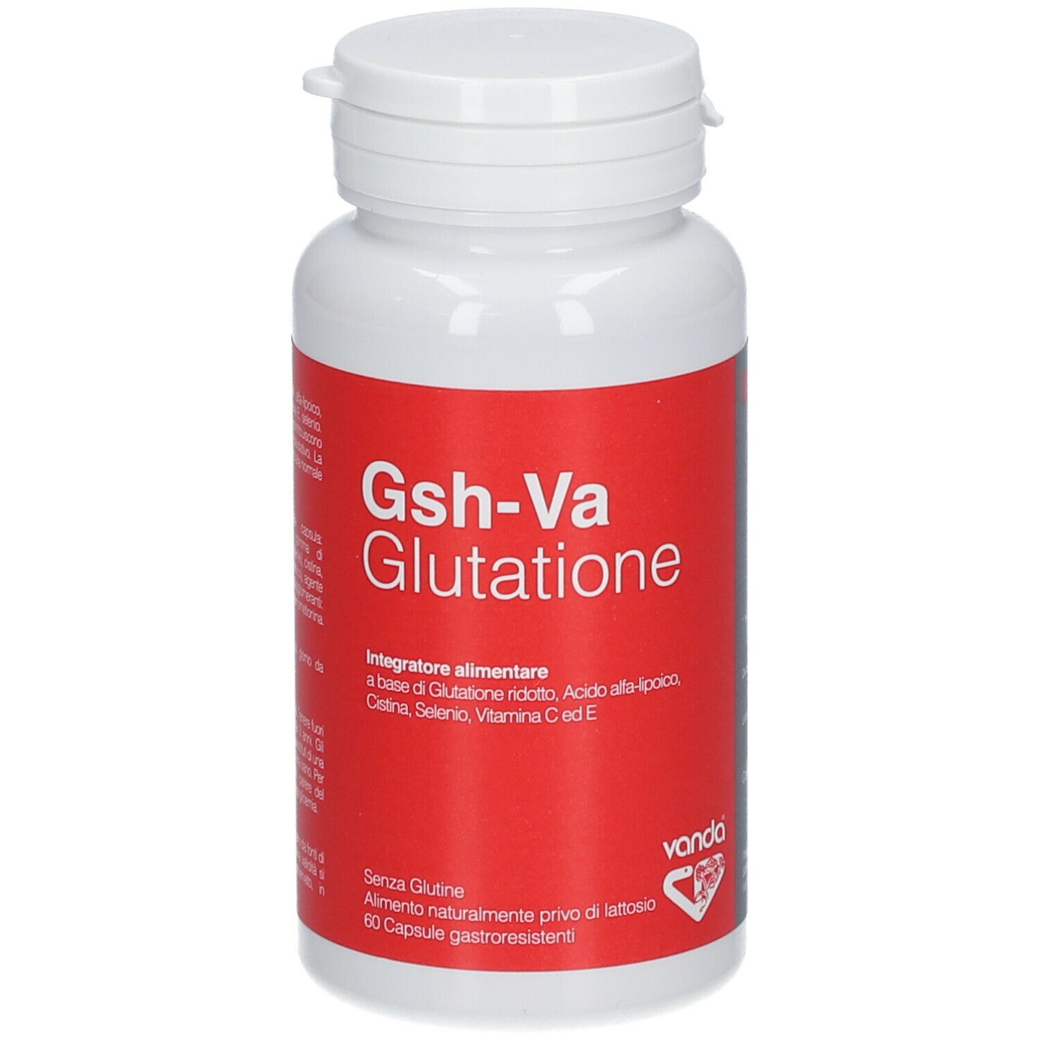 Flacon blanc avec étiquette rouge. Inscription Gsh-Va Glutathione. Contient 60 gélules. Marque : Vanda.