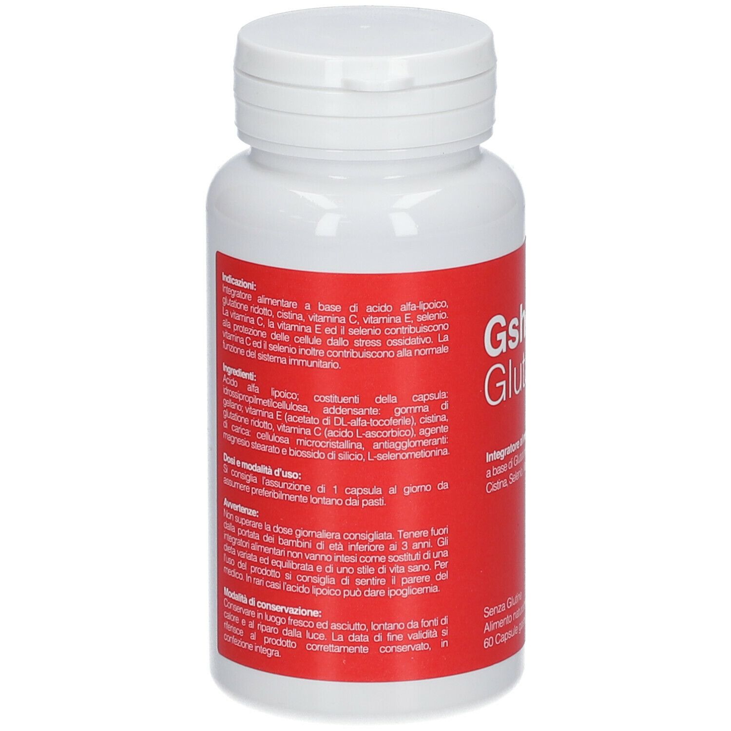 Flacon blanc avec étiquette rouge. Inscription Gsh-Va Glutathione. Contient 60 gélules. Marque : Vanda.
