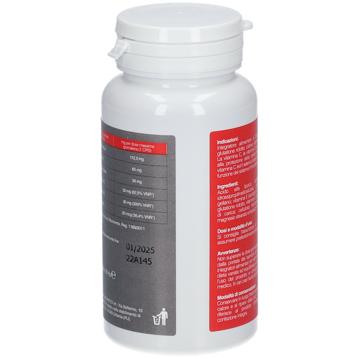 Flacon blanc avec étiquette rouge. Inscription Gsh-Va Glutathione. Contient 60 gélules. Marque : Vanda.