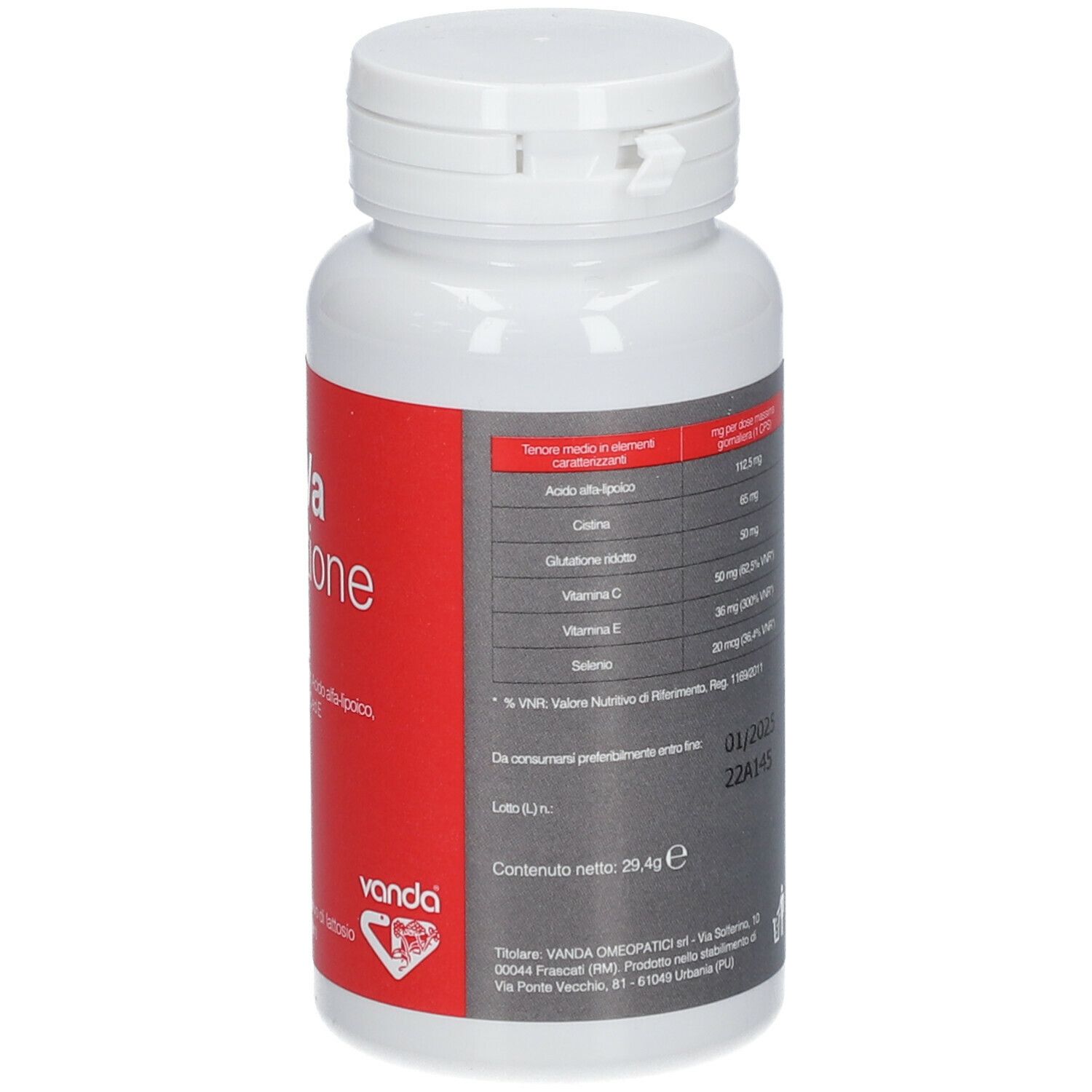 Flacon blanc avec étiquette rouge. Inscription Gsh-Va Glutathione. Contient 60 gélules. Marque : Vanda.