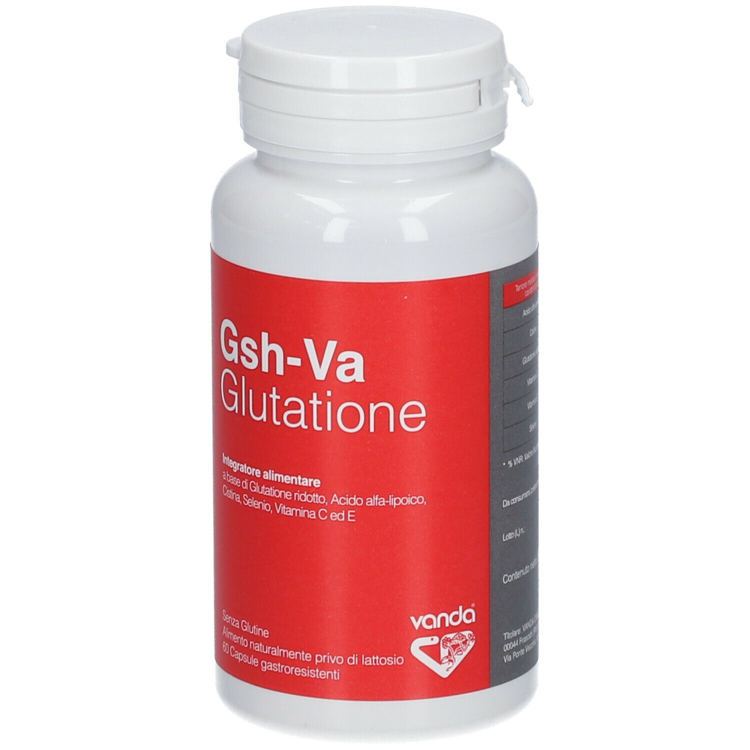 Flacon blanc avec étiquette rouge. Inscription Gsh-Va Glutathione. Contient 60 gélules. Marque : Vanda.