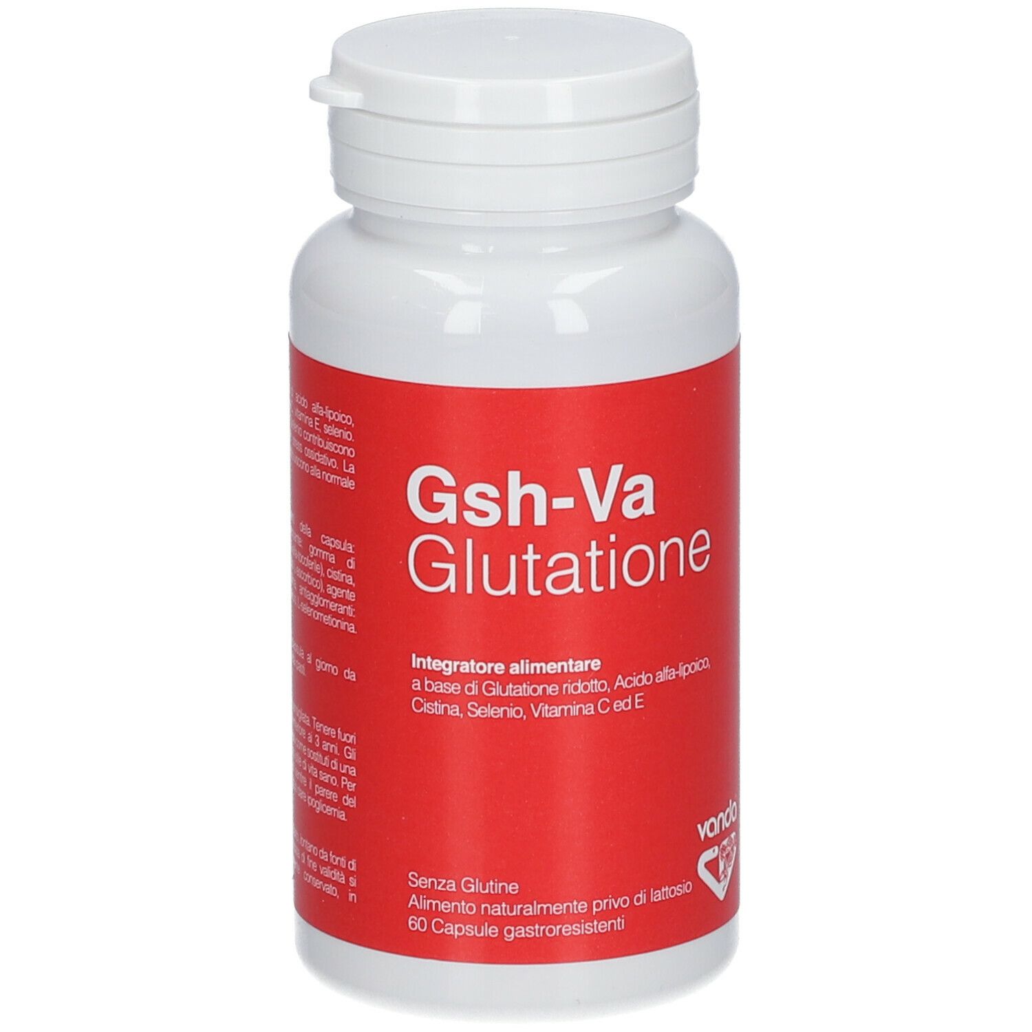 Flacon blanc avec étiquette rouge. Inscription Gsh-Va Glutathione. Contient 60 gélules. Marque : Vanda.
