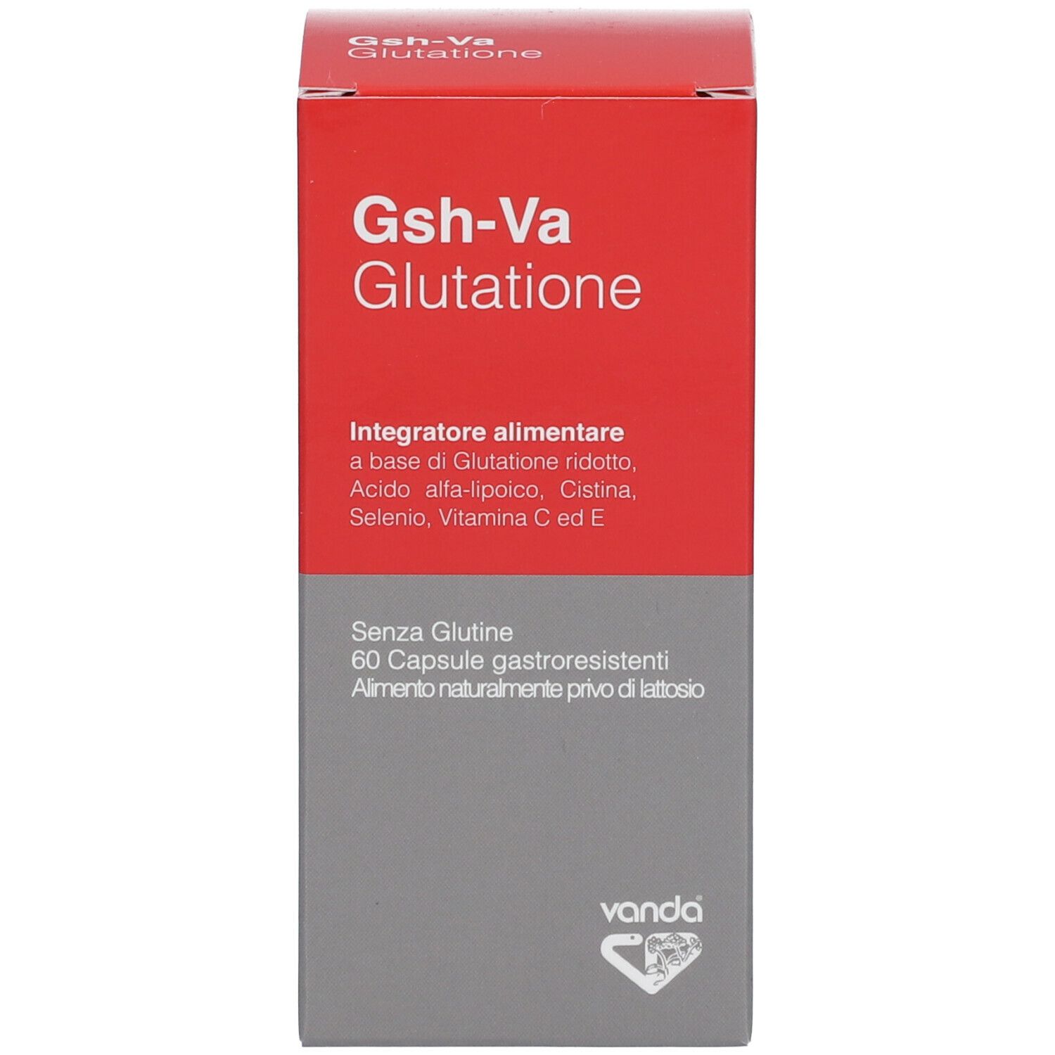 Boîte rouge et grise avec Gsh-Va Glutathione. Contient 60 gélules. Marque : Vanda.