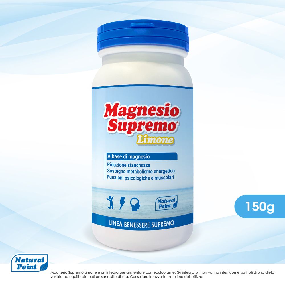 Weiße Flasche mit blauem Deckel. Aufschrift: Magnesio Supremo Limone. 150g. Enthält Informationen zu Magnesium und Inhaltsstoffen.