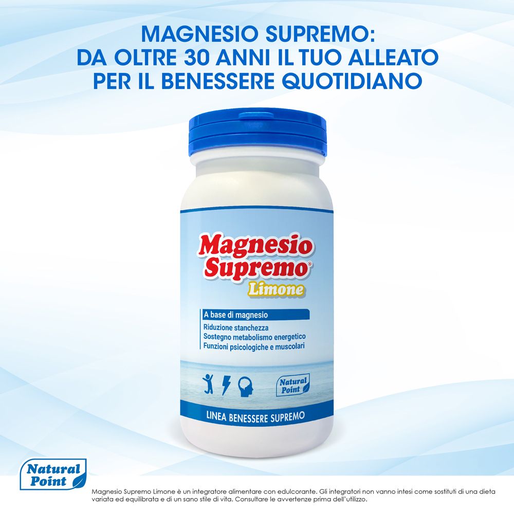 Weiße Flasche mit blauem Deckel. Aufschrift: Magnesio Supremo Limone. Text: Dein Verbündeter für das tägliche Wohlbefinden.