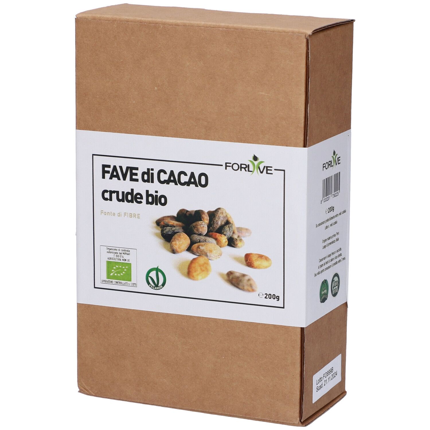 Confezione in cartone marrone con etichetta bianca. Scritto: Fave di Cacao crude bio. Certificazione bio e 200g.