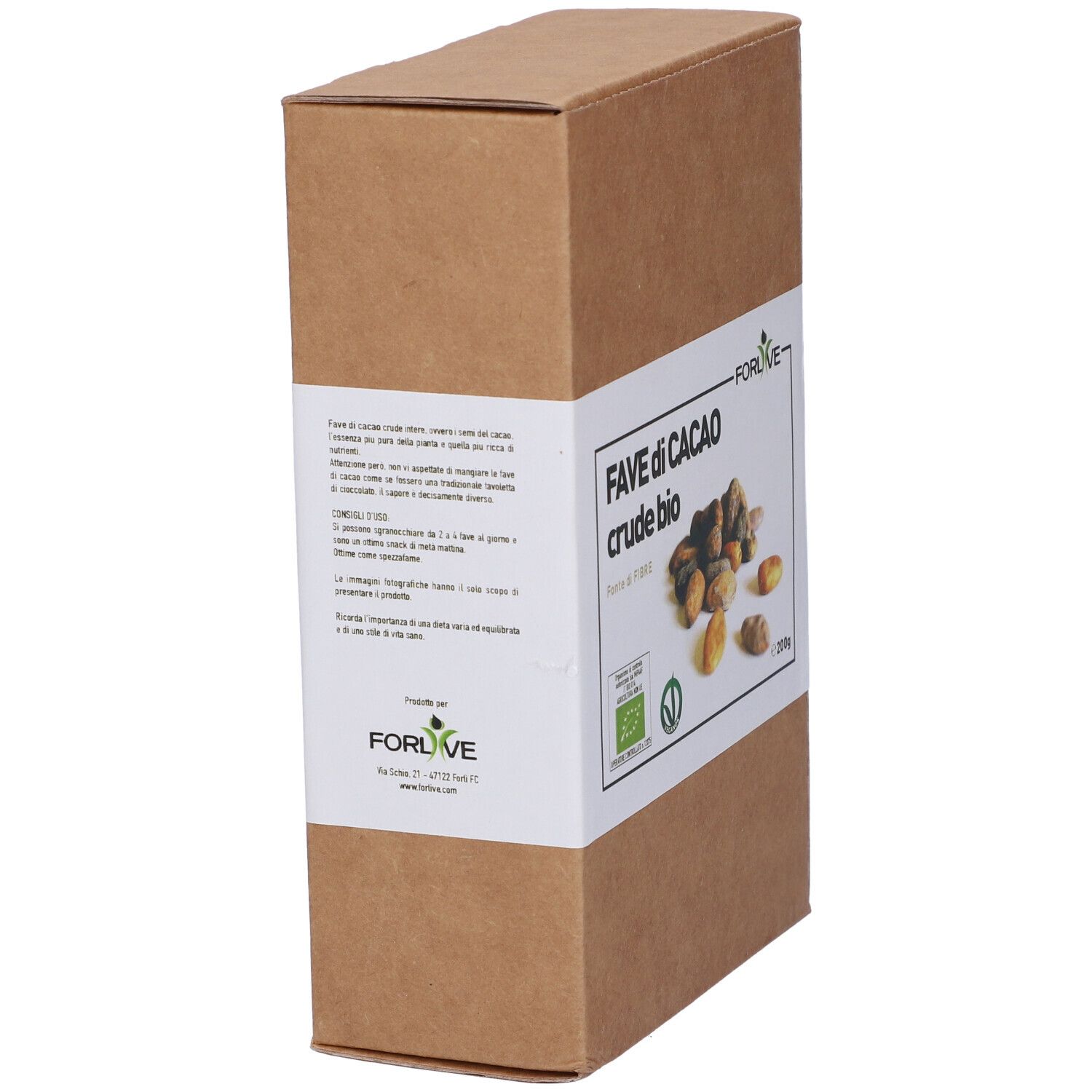 Confezione in cartone marrone con etichetta bianca. Testo e certificazione bio. Nome prodotto: Fave di Cacao crude bio.