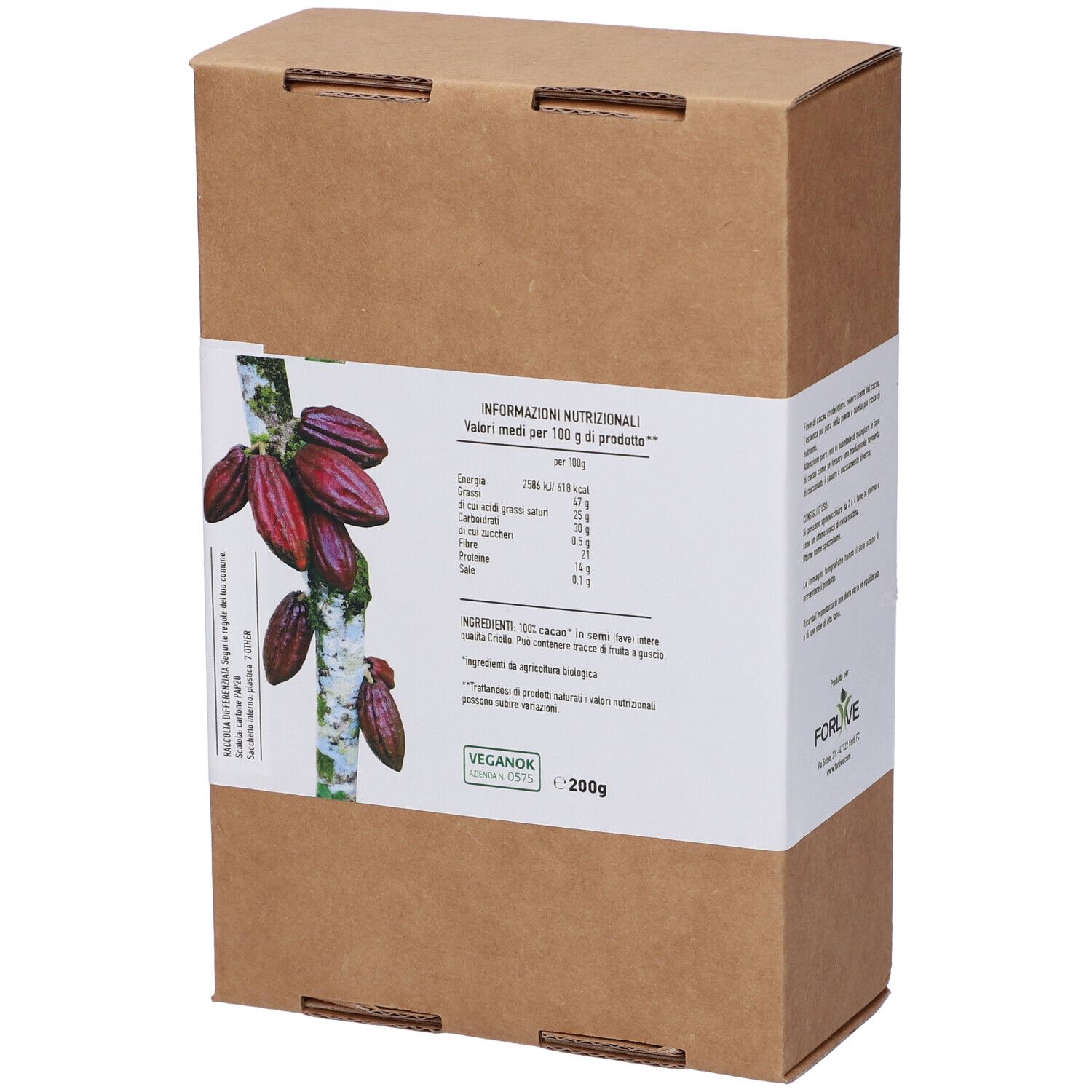 Confezione in cartone marrone con etichetta bianca. Informazioni nutrizionali e certificazione bio. Logo VeganOK. 200g.