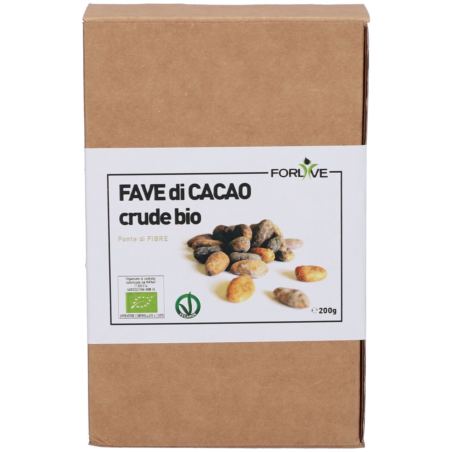 Confezione in cartone marrone con etichetta bianca. Scritto: Fave di Cacao crude bio. Certificazione bio e 200g.