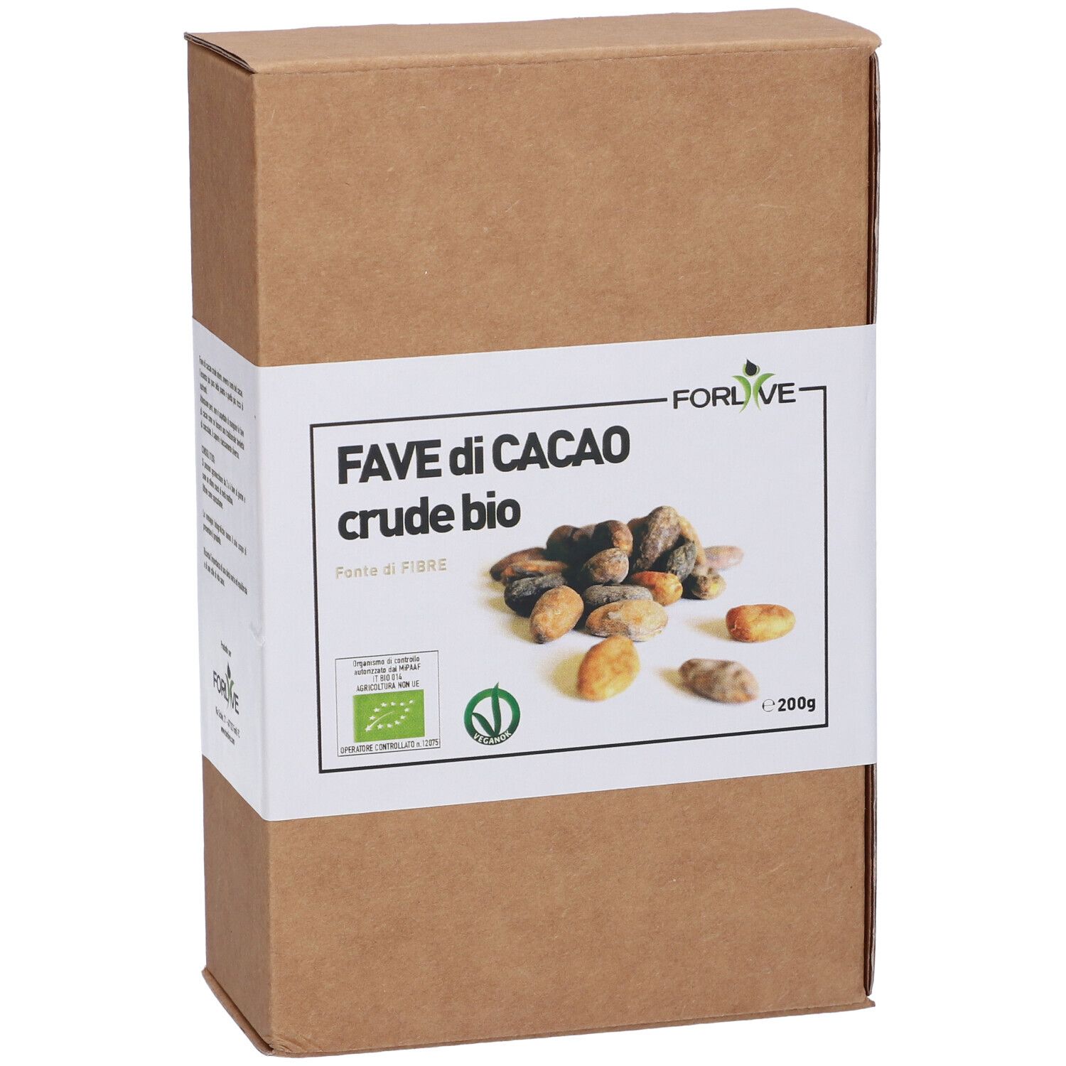Confezione in cartone marrone con etichetta bianca. Scritto: Fave di Cacao crude bio. Certificazione bio e 200g.