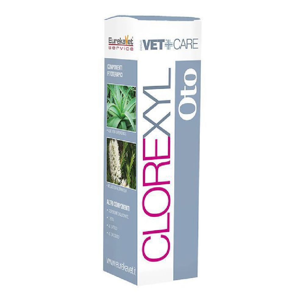 Scatola con nome prodotto CLOREXYL Oto. Scritte: Vetcare, EurekaVet Service. Immagini di piante.