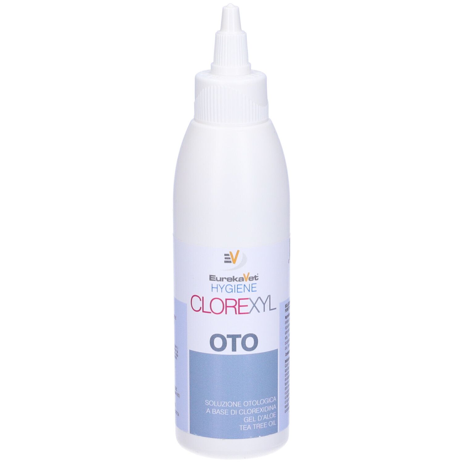 Flacone bianco con beccuccio dosatore. Scritta: CLOREXYL Oto, EurekaVet Hygiene. Etichetta blu con testo.