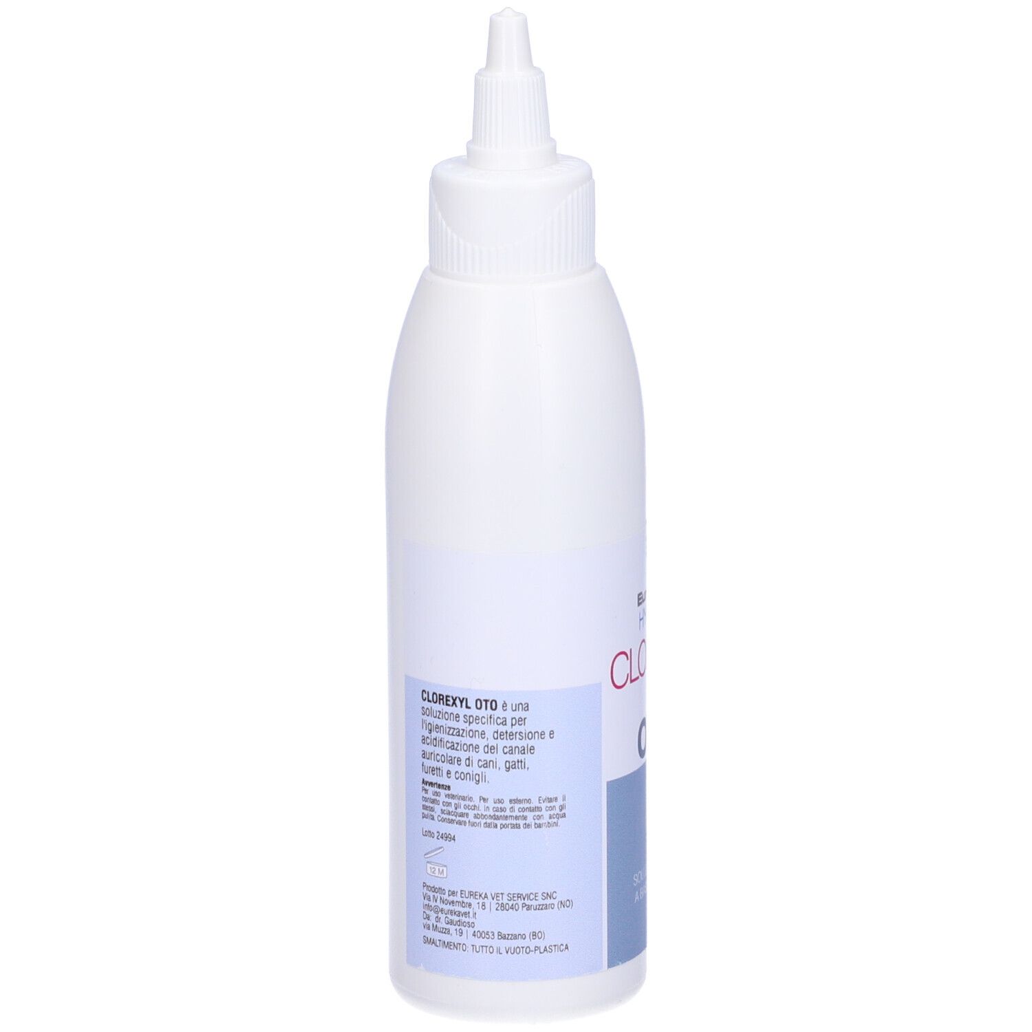 Flacone bianco con beccuccio dosatore. Scritta: CLOREXYL Oto. Testo su etichetta blu. Vista posteriore.
