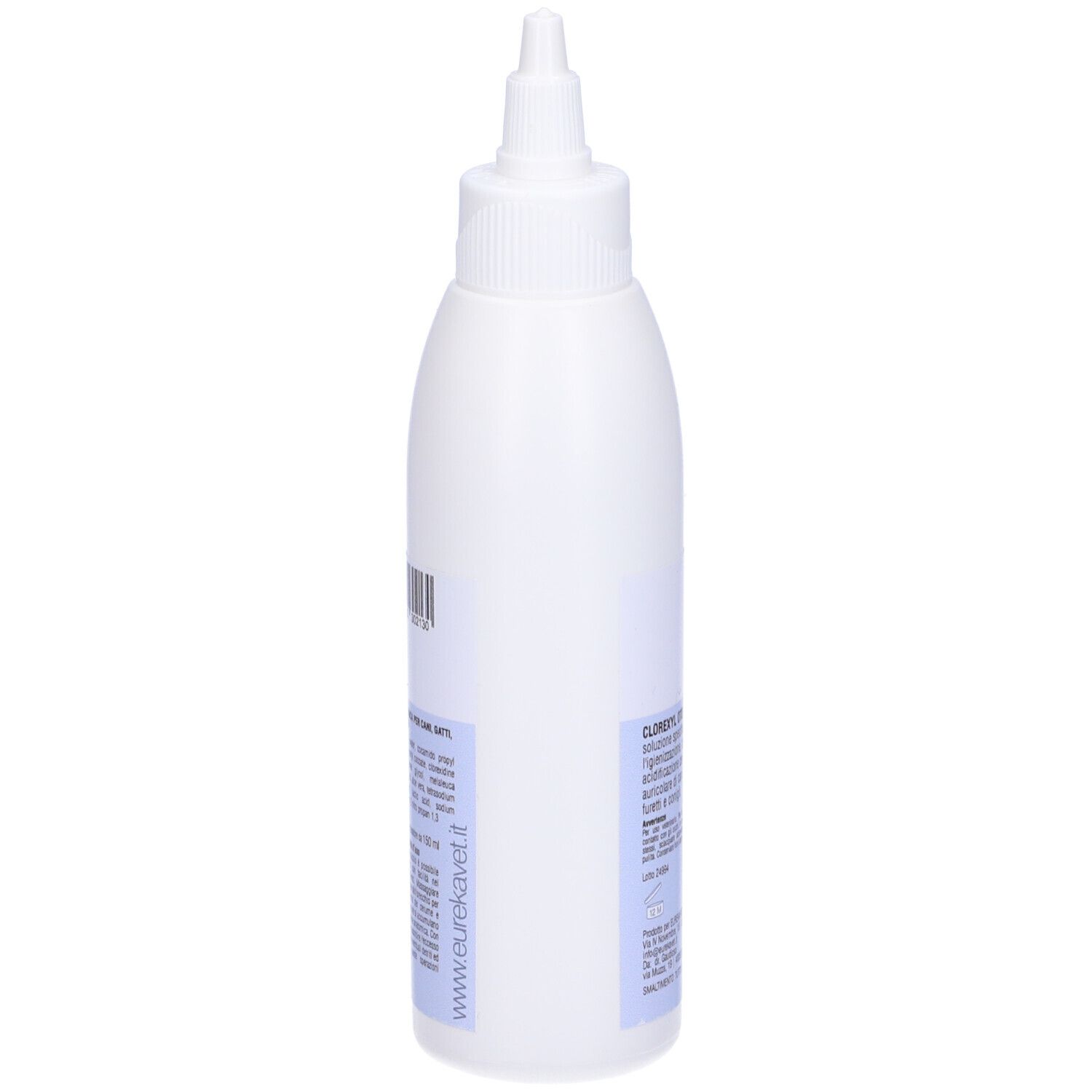 Flacone bianco con beccuccio dosatore. Scritta: CLOREXYL Oto. Testo su etichetta blu. Vista posteriore.