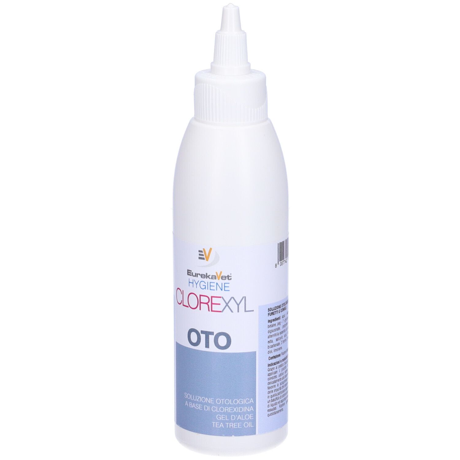 Flacone bianco con beccuccio dosatore. Scritta: CLOREXYL Oto. Testo su etichetta blu. Vista posteriore.
