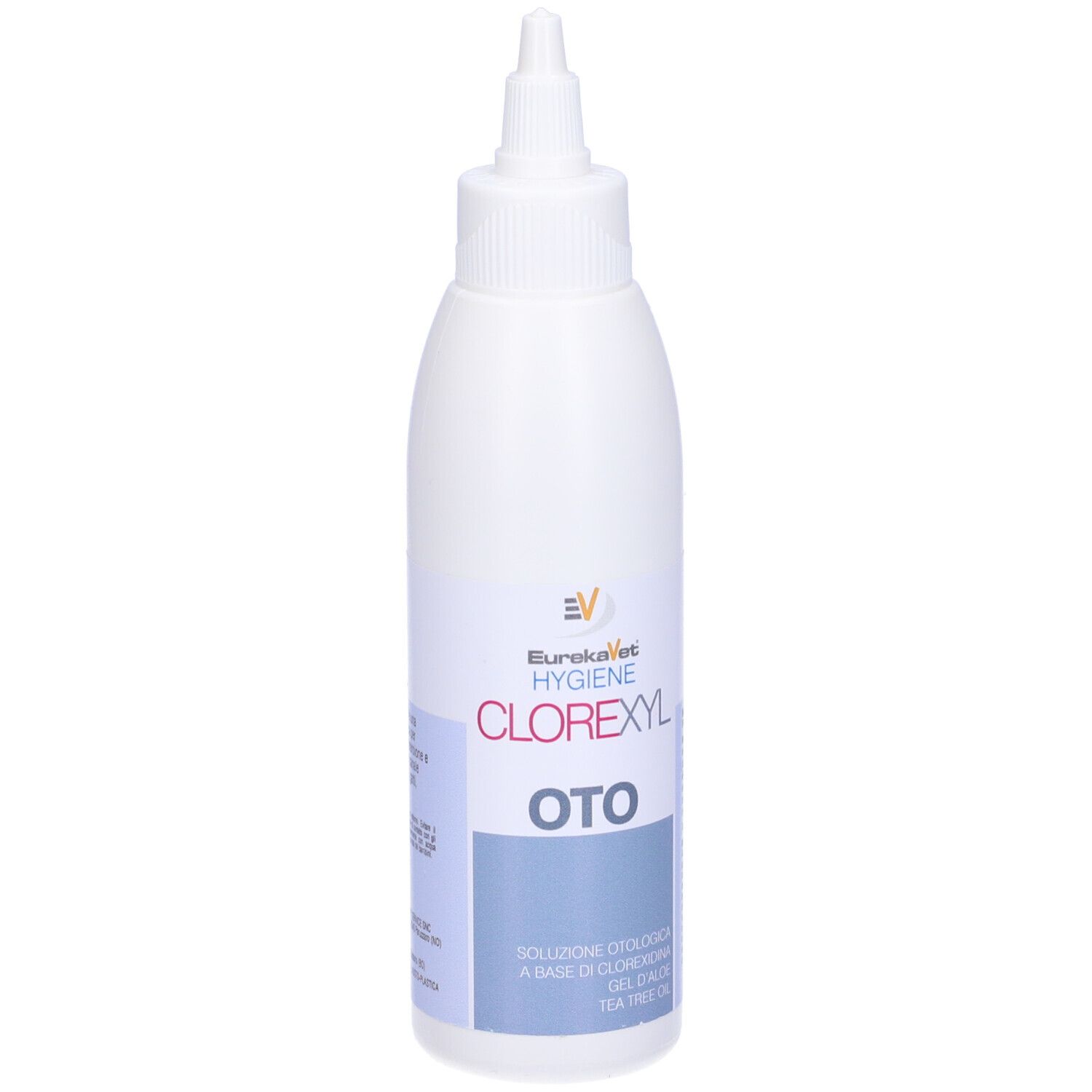 Flacone bianco con beccuccio dosatore. Scritta: CLOREXYL Oto. Testo su etichetta blu. Vista posteriore.