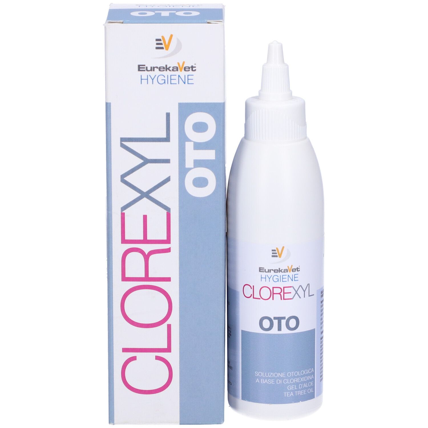 Flacone bianco con beccuccio dosatore e scatola. Scritta: CLOREXYL Oto, EurekaVet Hygiene.