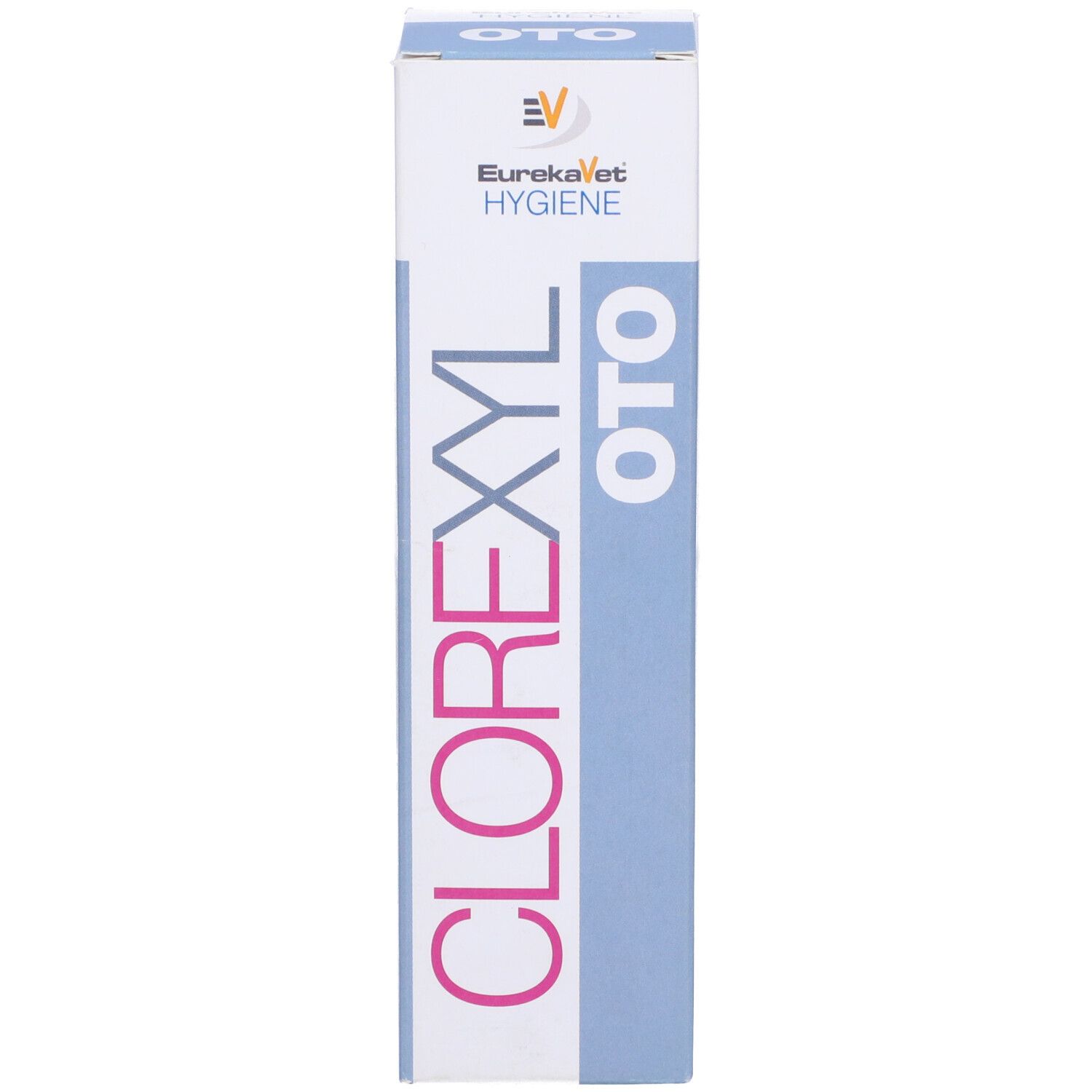 Scatola con nome prodotto CLOREXYL Oto. Scritta: EurekaVet Hygiene. Colori blu e bianco.