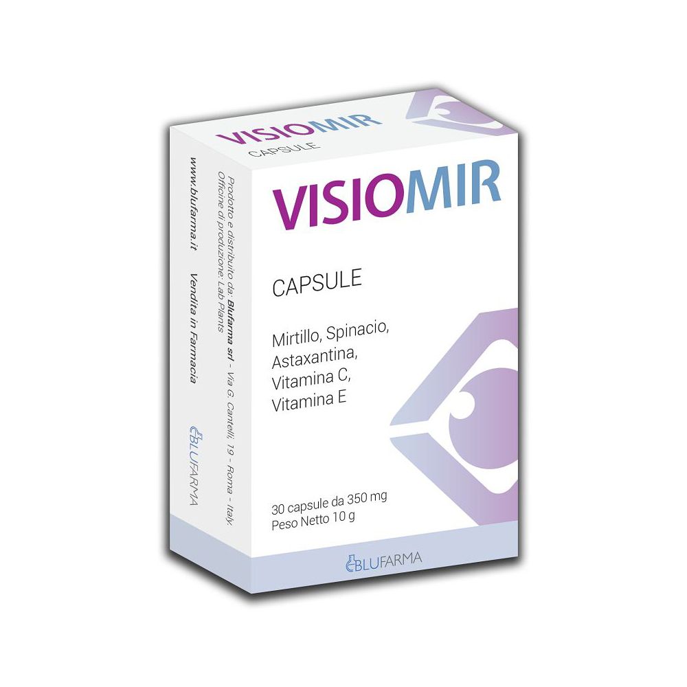 Scatola bianca VISIOMIR CAPSULE. Contiene 30 capsule. Ingredienti: Mirtillo, spinaci, astaxantina, vitamina C, vitamina E. Peso netto 10 g.