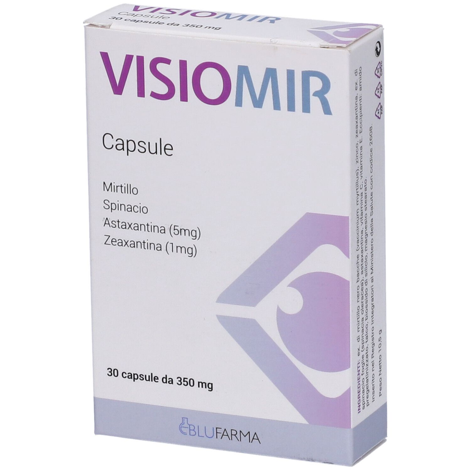 Scatola bianca VISIOMIR CAPSULE. Contiene 30 capsule. Ingredienti: Mirtillo, spinaci, astaxantina (5mg), zeaxantina (1mg).