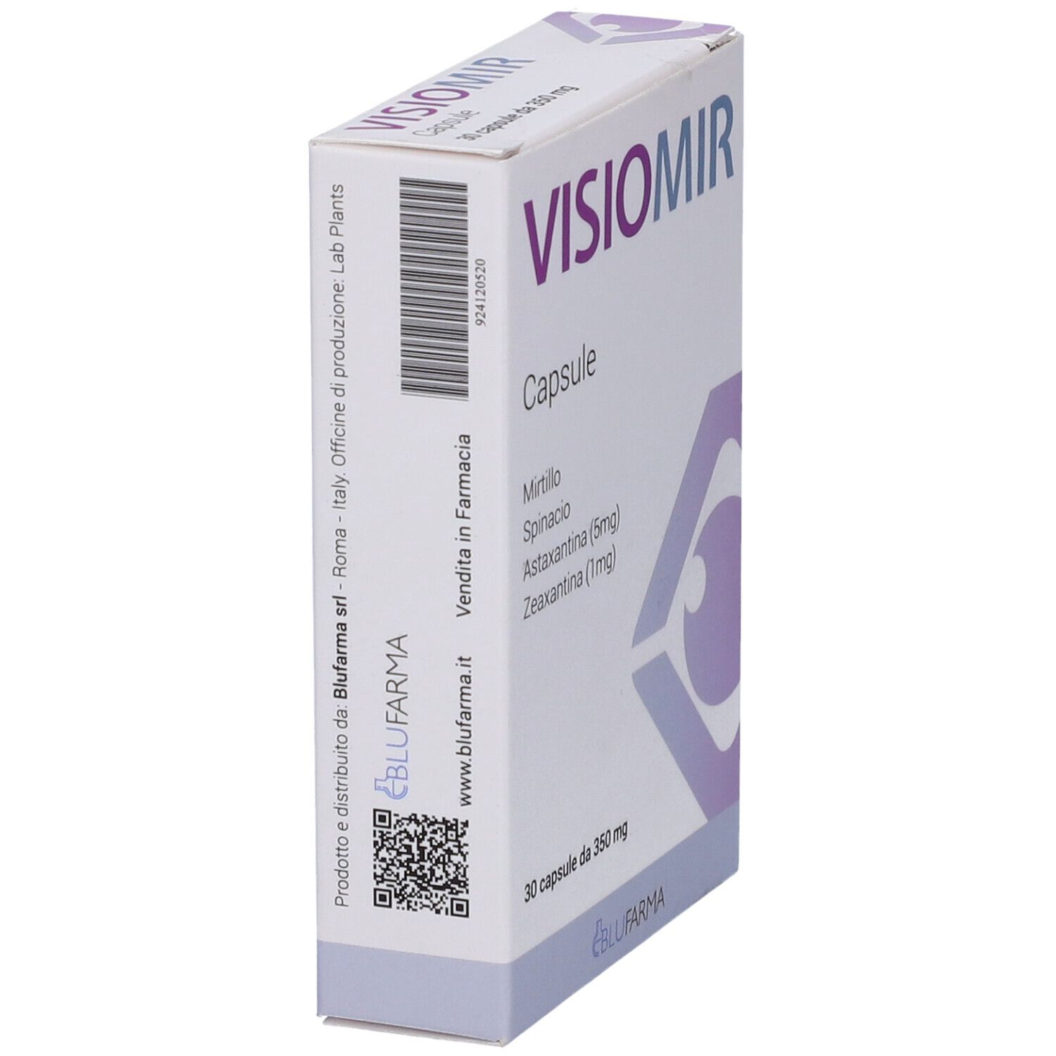 Scatola bianca VISIOMIR CAPSULE. Contiene 30 capsule. Ingredienti: Mirtillo, spinaci, astaxantina (5mg), zeaxantina (1mg).