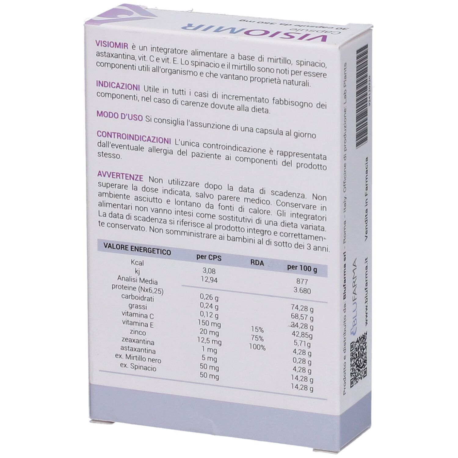 Scatola VISIOMIR CAPSULE. Contiene 30 capsule. Ingredienti: Mirtillo, spinaci, astaxantina (5mg), zeaxantina (1mg).