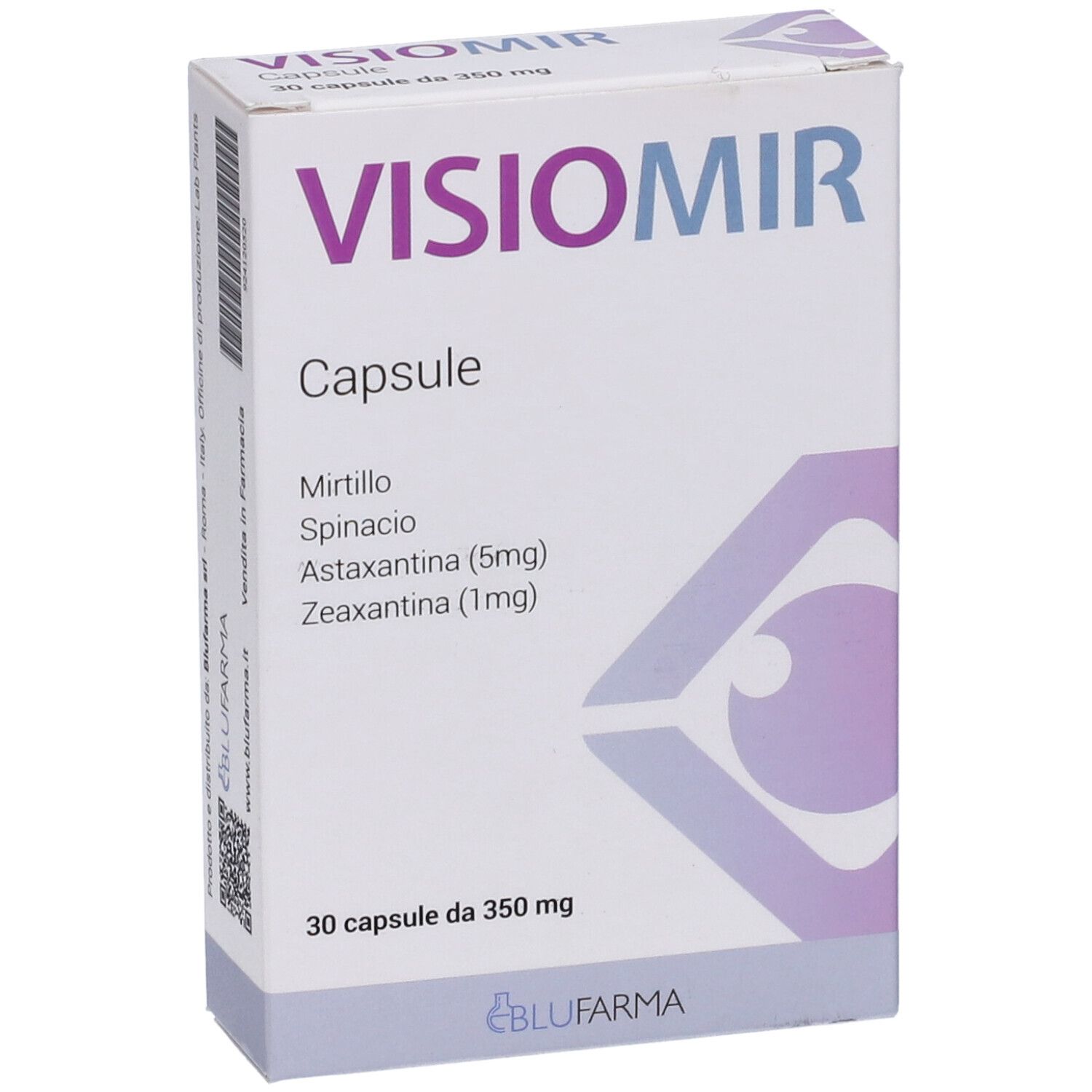 Scatola bianca VISIOMIR CAPSULE. Contiene 30 capsule. Ingredienti: Mirtillo, spinaci, astaxantina (5mg), zeaxantina (1mg).