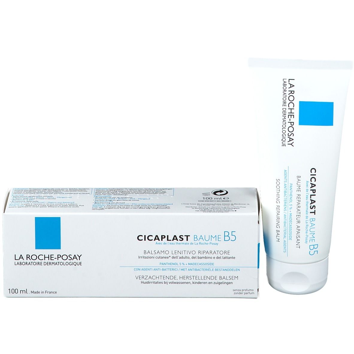 Produktverpackung. Tube und Schachtel. Text: CICAPLAST BAUME B5, 100 ml.