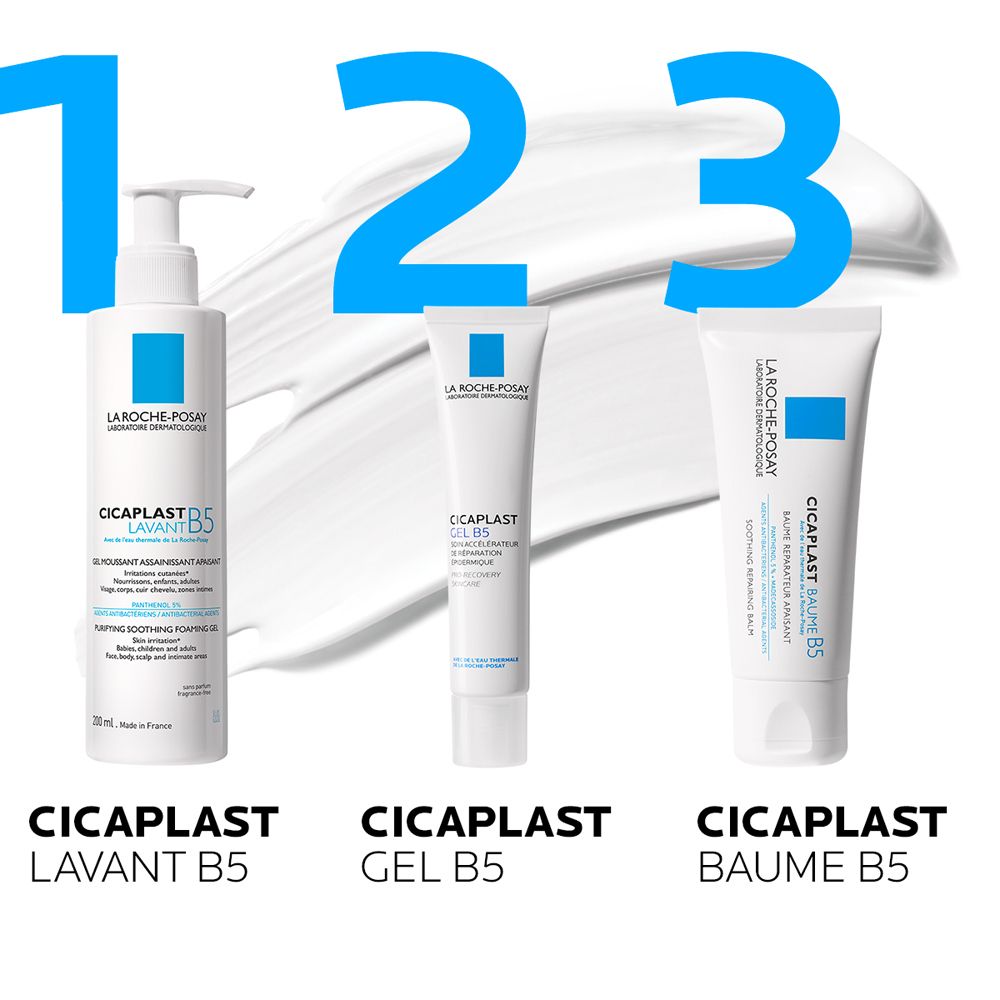 Drei Produkte nebeneinander. Text: CICAPLAST LAVANT B5, CICAPLAST GEL B5, CICAPLAST BAUME B5.