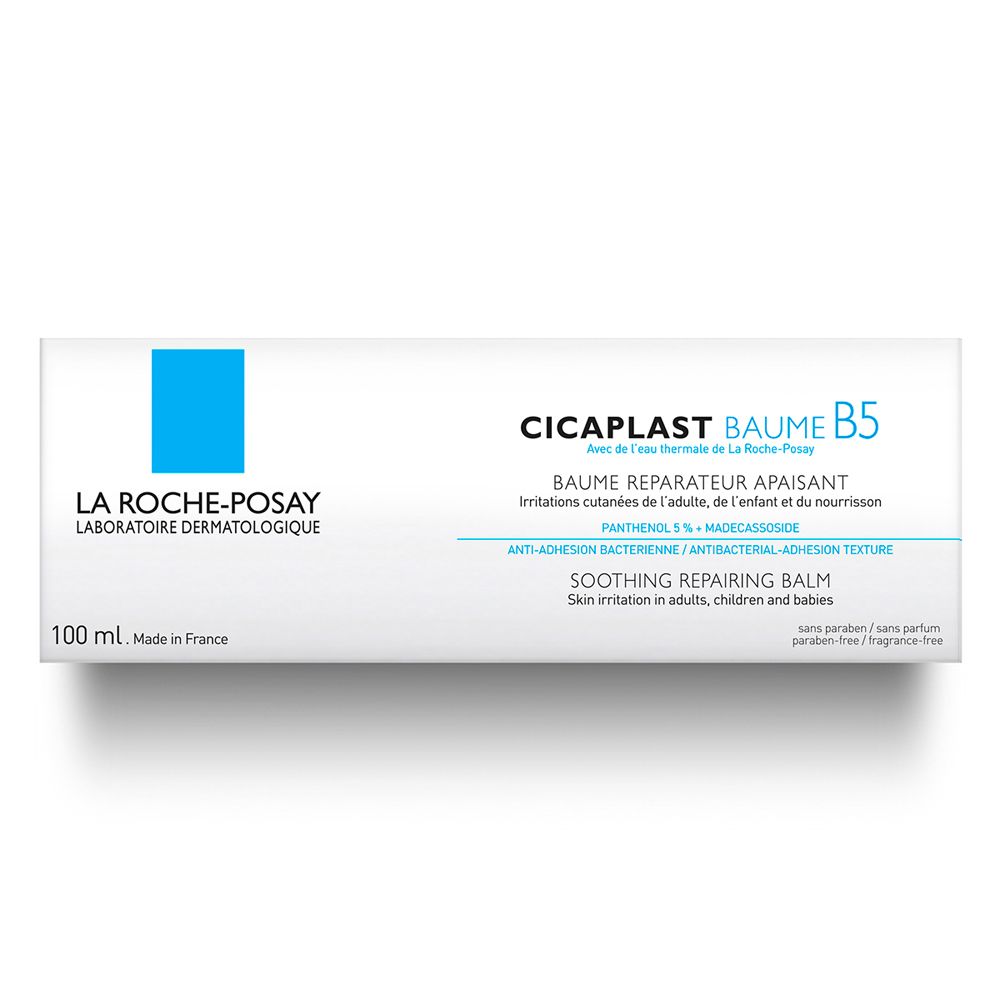Weiße Schachtel mit blauem Rechteck. Text: CICAPLAST BAUME B5, 100 ml. Hergestellt in Frankreich.