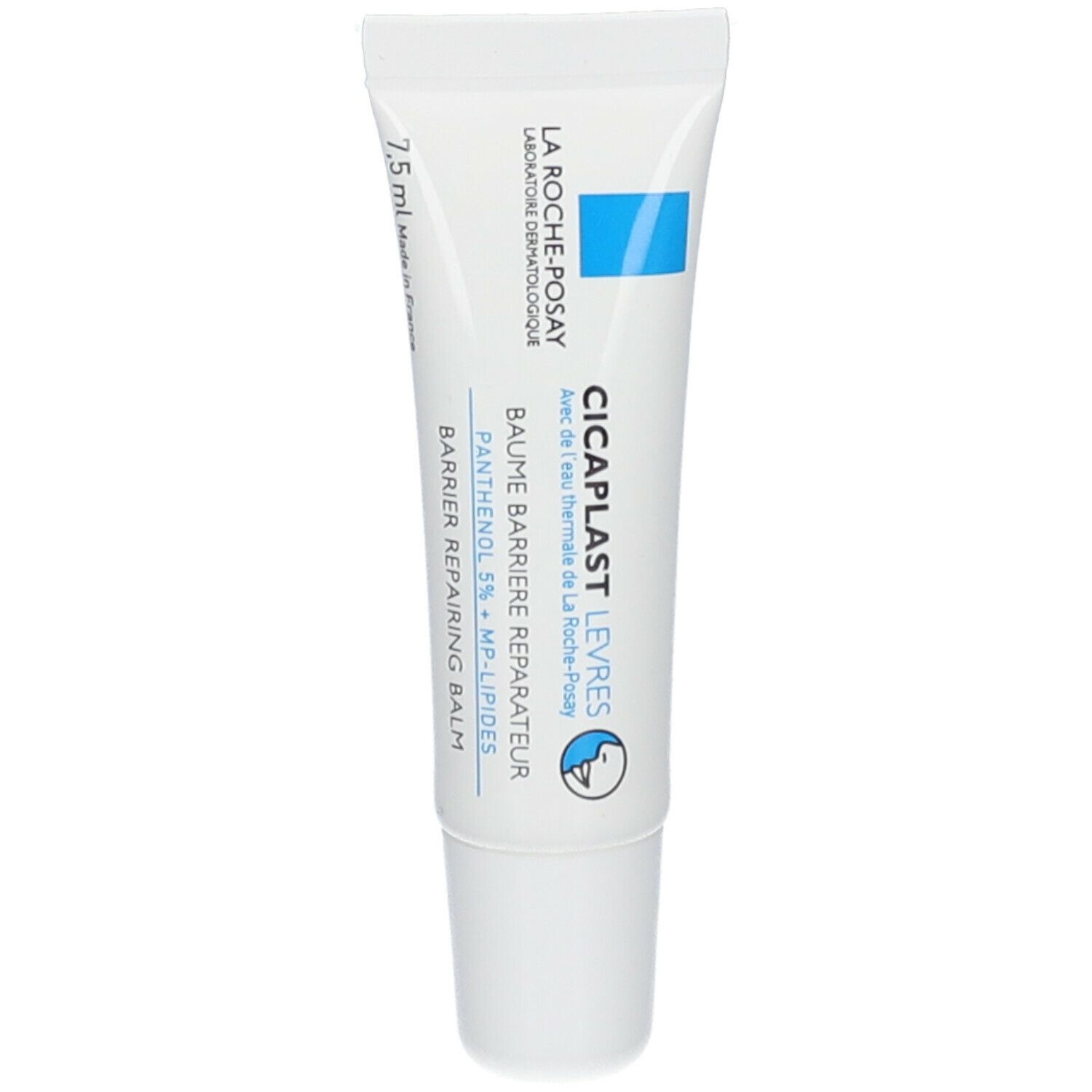 Tubo bianco con striscia blu. Scritta: La Roche-Posay, Cicaplast Levres, 7,5 ml.
