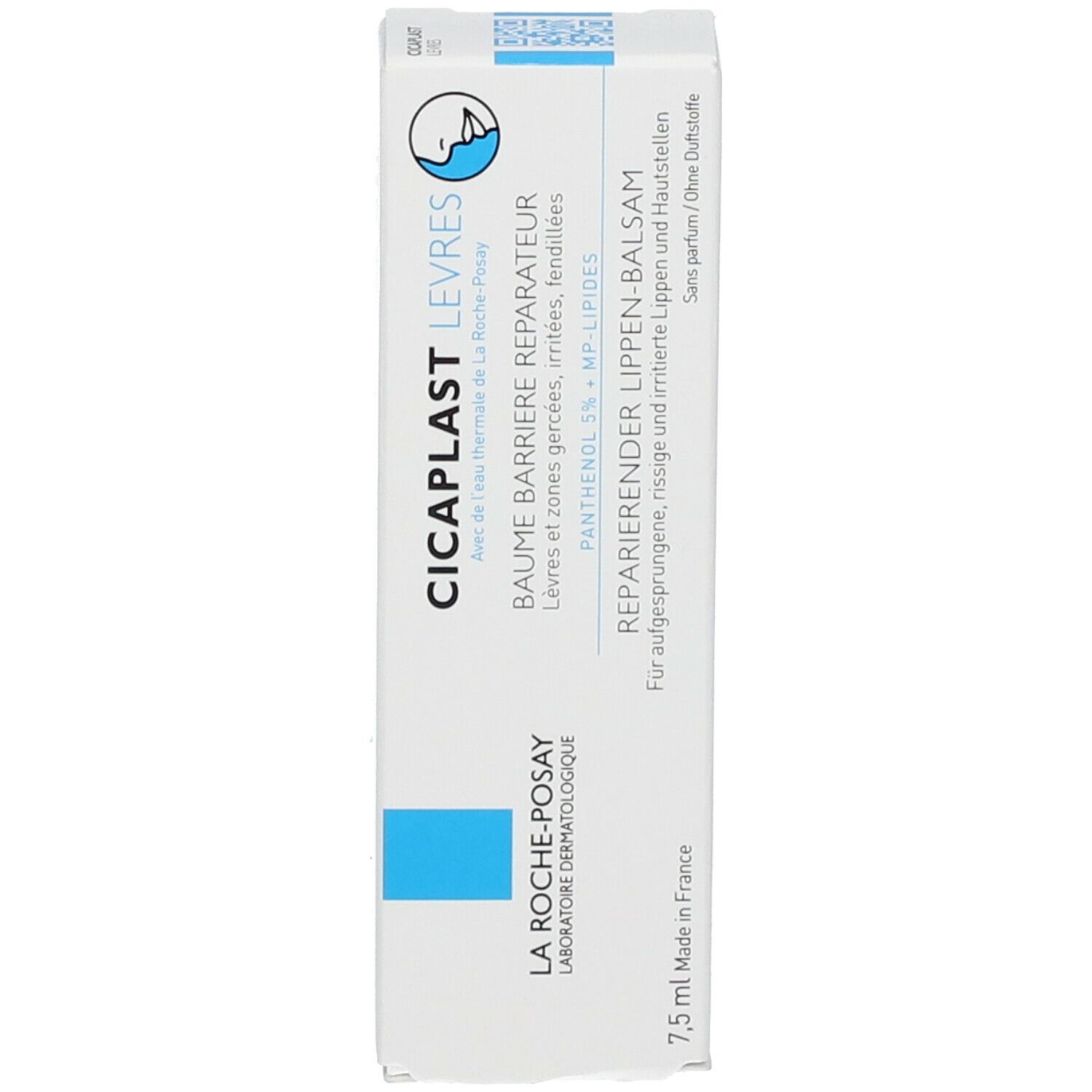 Scatola. Scritta: Cicaplast Levres, Barrier Repairing Balm, 7,5 ml.