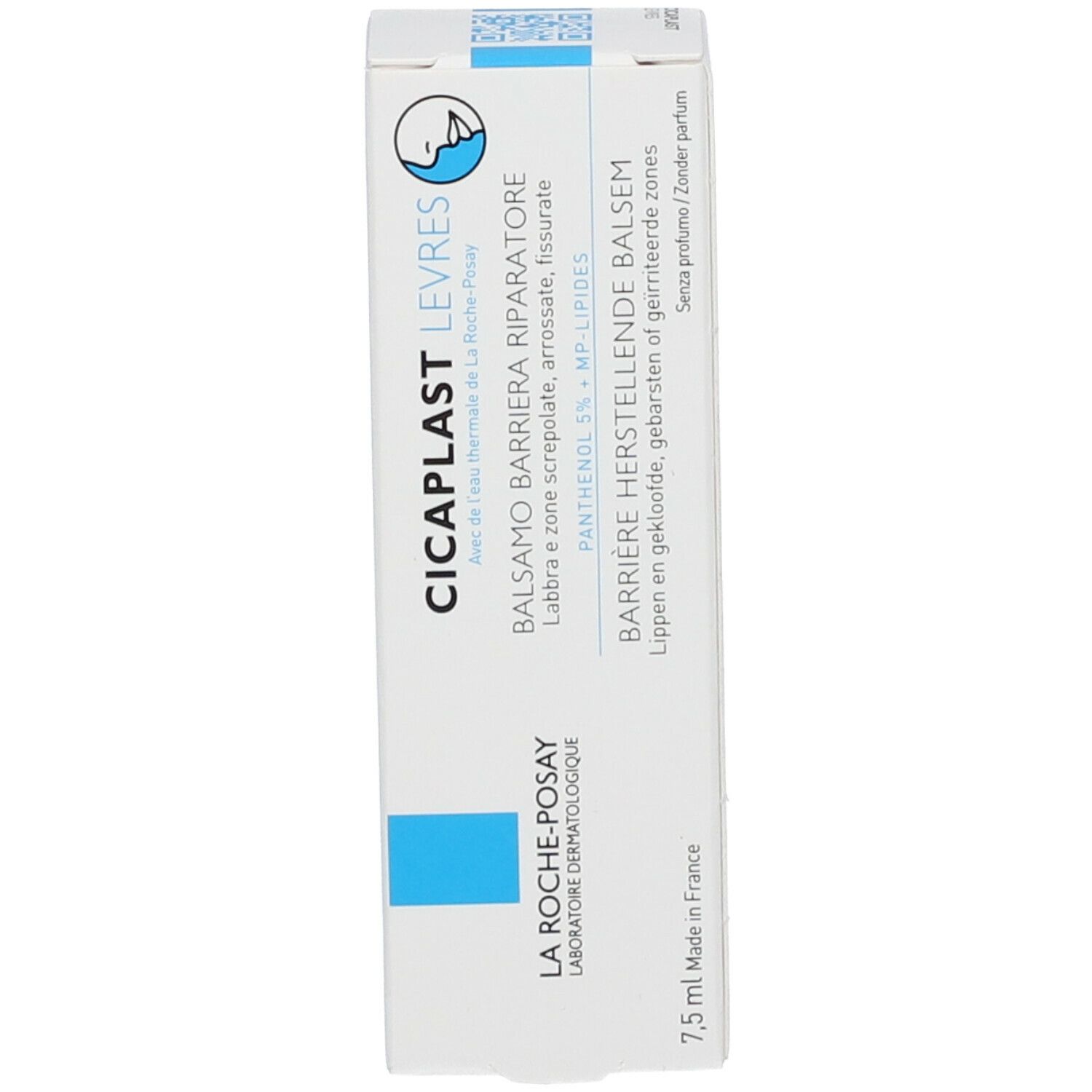 Lato della scatola. Scritta: Cicaplast Levres, Balsamo Barriera Riparatore, 7,5 ml.